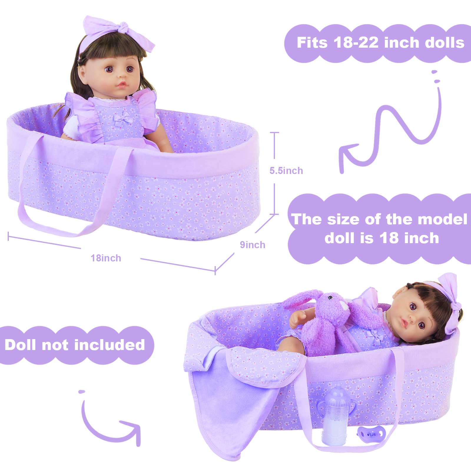 11-Piece Purple Floral Baby Doll Clothes Set with Bassinet & Accessories for 16-18 Inch Reborn Dolls | Perfect for Dress-Up, Role Play & Gift Giving