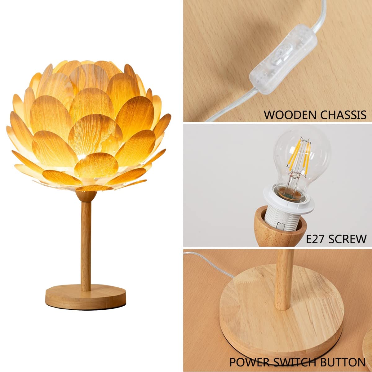 Handmade Japanese Rattan Wood Table Lamp - Bohemian Lotus Flower Bedside Light for Bedroom, Study & Reading | Home Decor with Power Switch Button | Perfect for Cozy Nights & Relaxing Ambiance