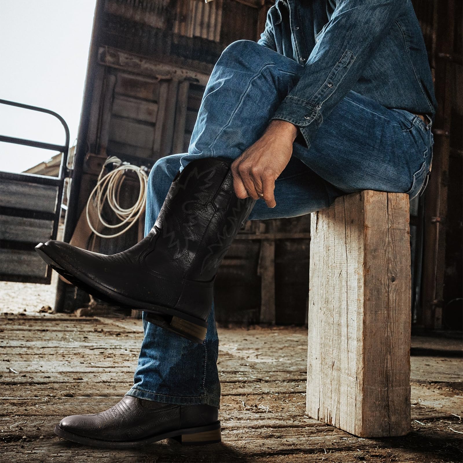 Lumeheel Men's Western Cowboy Boots - Classic Embroidered Square Toe Slip-On Boots with Slip-Resistant Sole & Chunky Heel | Durable Ankle Boots for Spring & Fall | Perfect for Country Dancing, Rodeos & Casual Wear