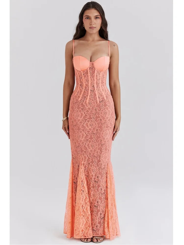 Articat Sexy Lace Mesh Patchwork Fishbone Spaghetti Strap Long Dress for Women | Backless Tight Zipper Evening Gown | Perfect for Club Parties, Date Nights & Special Occasions 2024