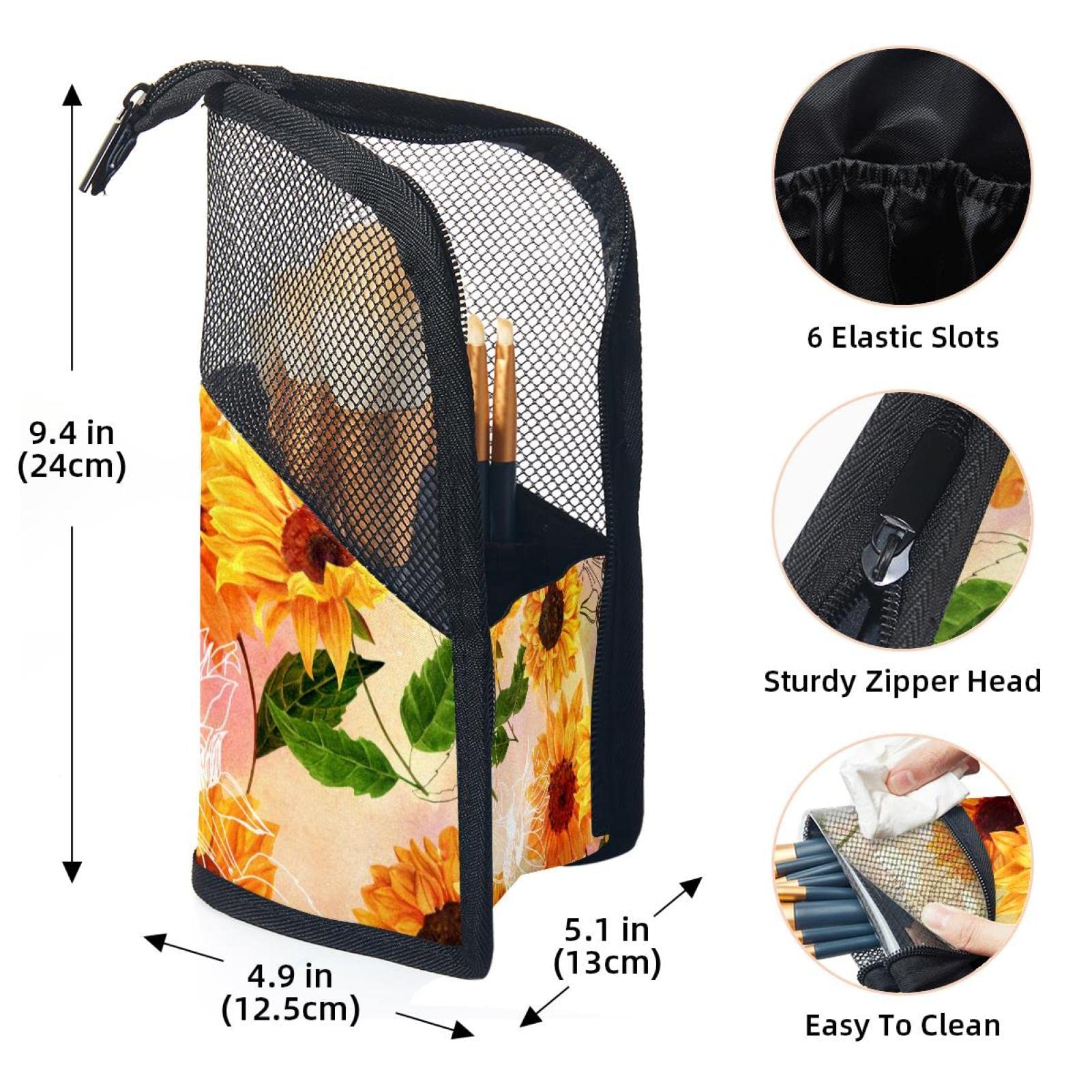 Vintage Leaves Sunflower Makeup Brush Organizer Bag with 12 Slots - Portable Cosmetic Brush Holder Case for Travel, Home & Professional Makeup Artist Use