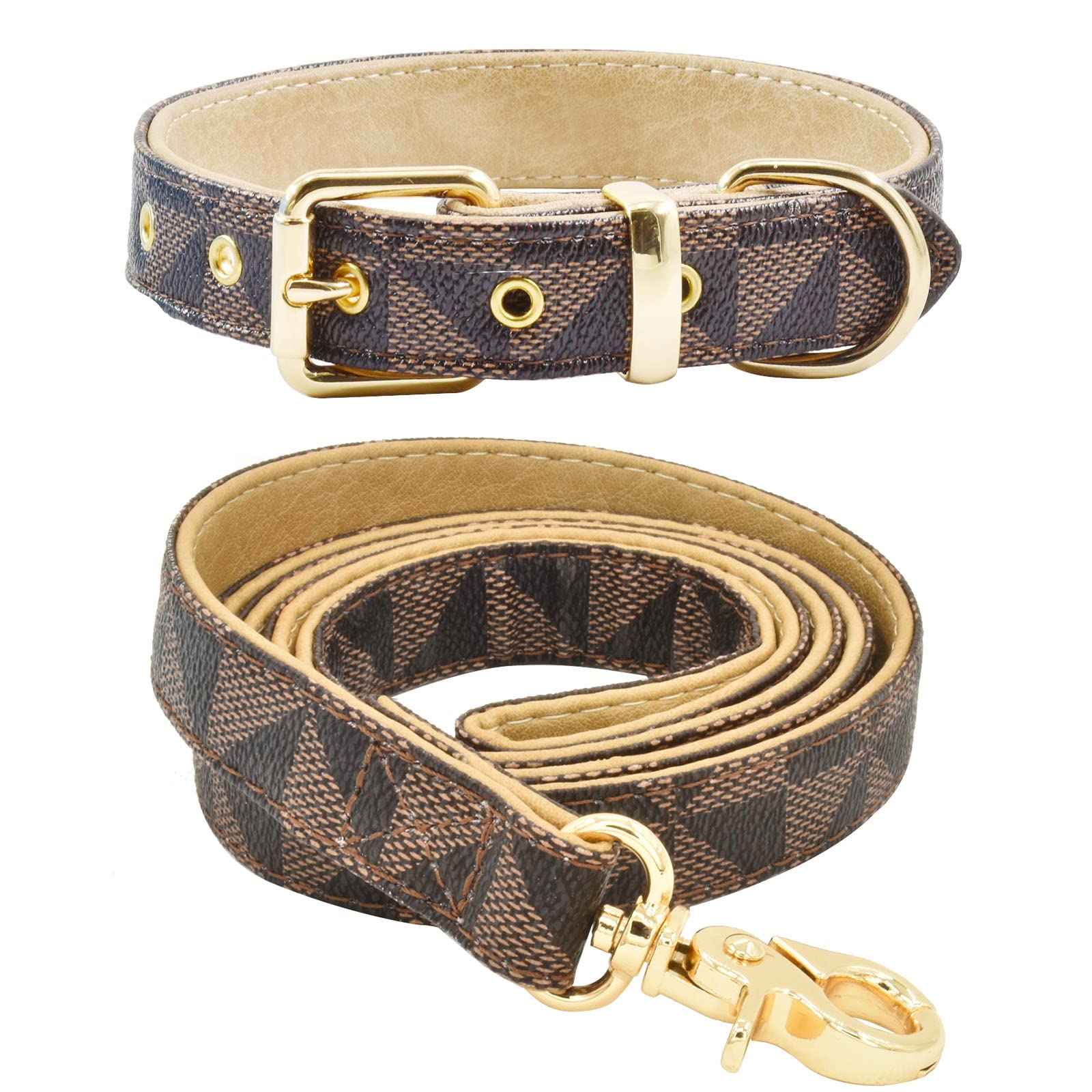 Premium Leather Dog Collar and Leash Set with Check Pattern - Adjustable Metal Buckle for Small, Medium & Large Dogs (Brown, Size L 14.5-18.5 Inch) - Perfect for Daily Walks, Training & Outdoor Adventures