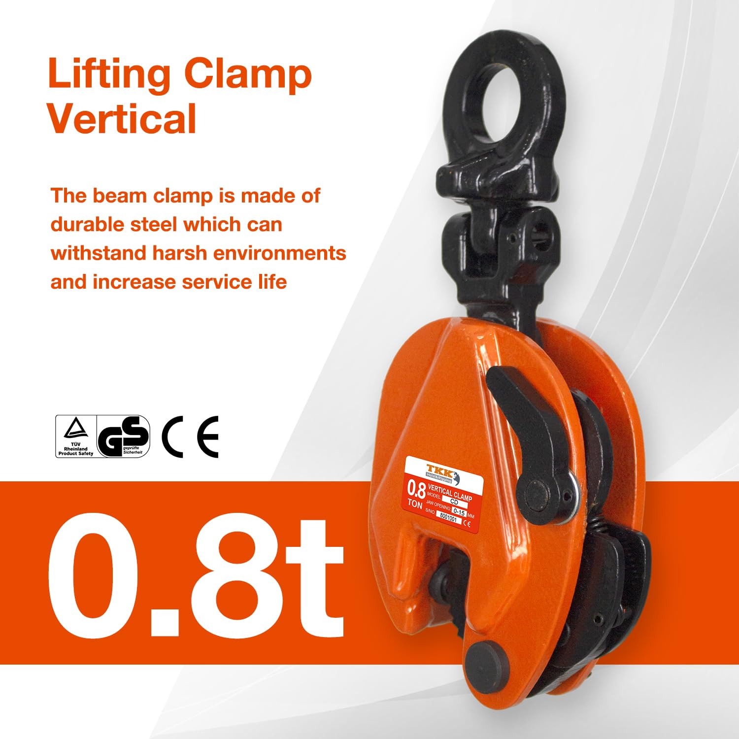 Heavy Duty TKK Vertical Plate Clamp 1760Lb (1Ton) - 0.8 Inch Jaw Opening for Secure Lifting & Transporting - Ideal for Construction, Steel Handling & Industrial Material Movement