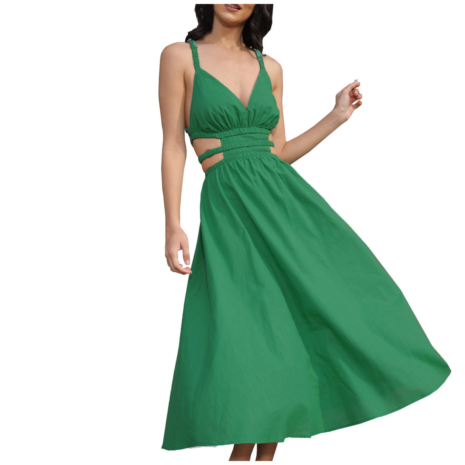 Sexy Green V-Neck Cutout Maxi Prom Dress for Women 2022 | Sleeveless Spaghetti Strap Evening Gown | Perfect for Parties, Dances & Formal Events