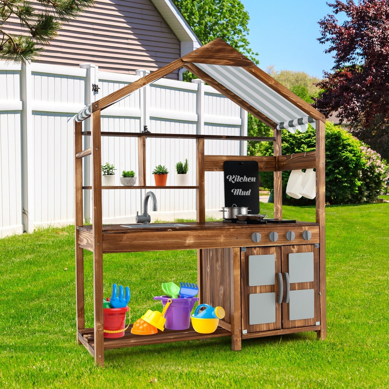Outdoor Kids Mud Kitchen Set - Solid Wood Play Kitchen with Canopy for Pretend Cooking - Perfect for Backyard, Garden & Outdoor Play