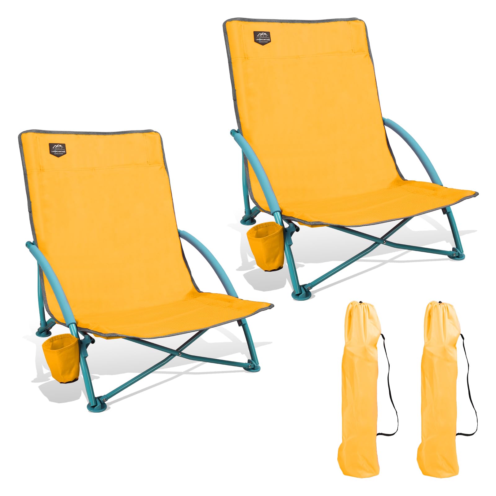 2 Pack Lightweight Folding Low Beach Chairs for Adults - Portable Recliner Camping Chairs with Cup Holder & Carry Bag - Perfect for Outdoor, Beach, Picnic, Festival, and Backpacking (Yellow)