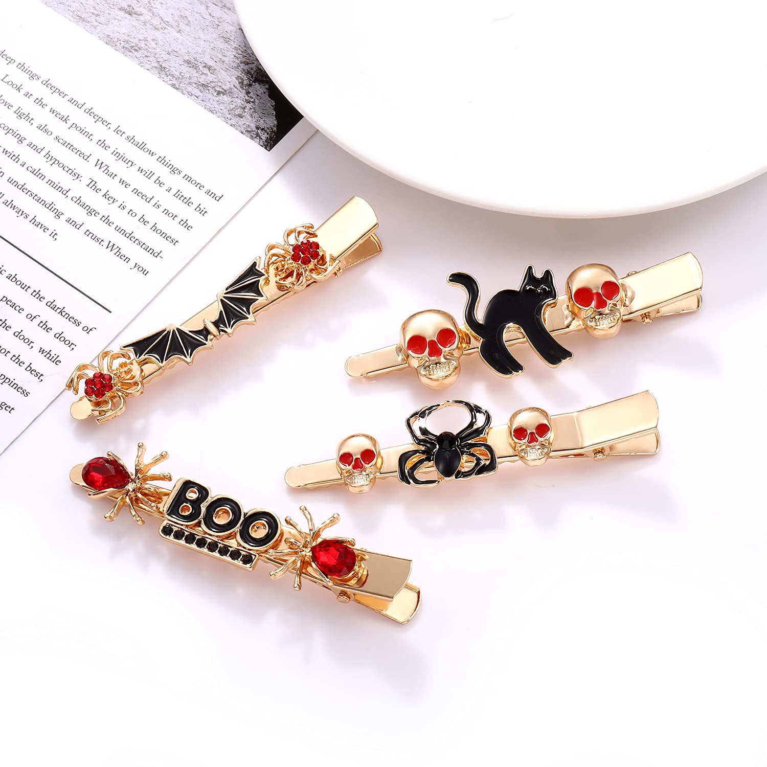 4 Pack Halloween Hair Clips for Women - Spooky Spider Cat & Skeleton Skull Hairpins - Gothic Hair Accessories for Halloween Party, Cosplay & Costume (4PCS) - Perfect for Trick or Treat, Haunted House Events & Witch Costume Accessories