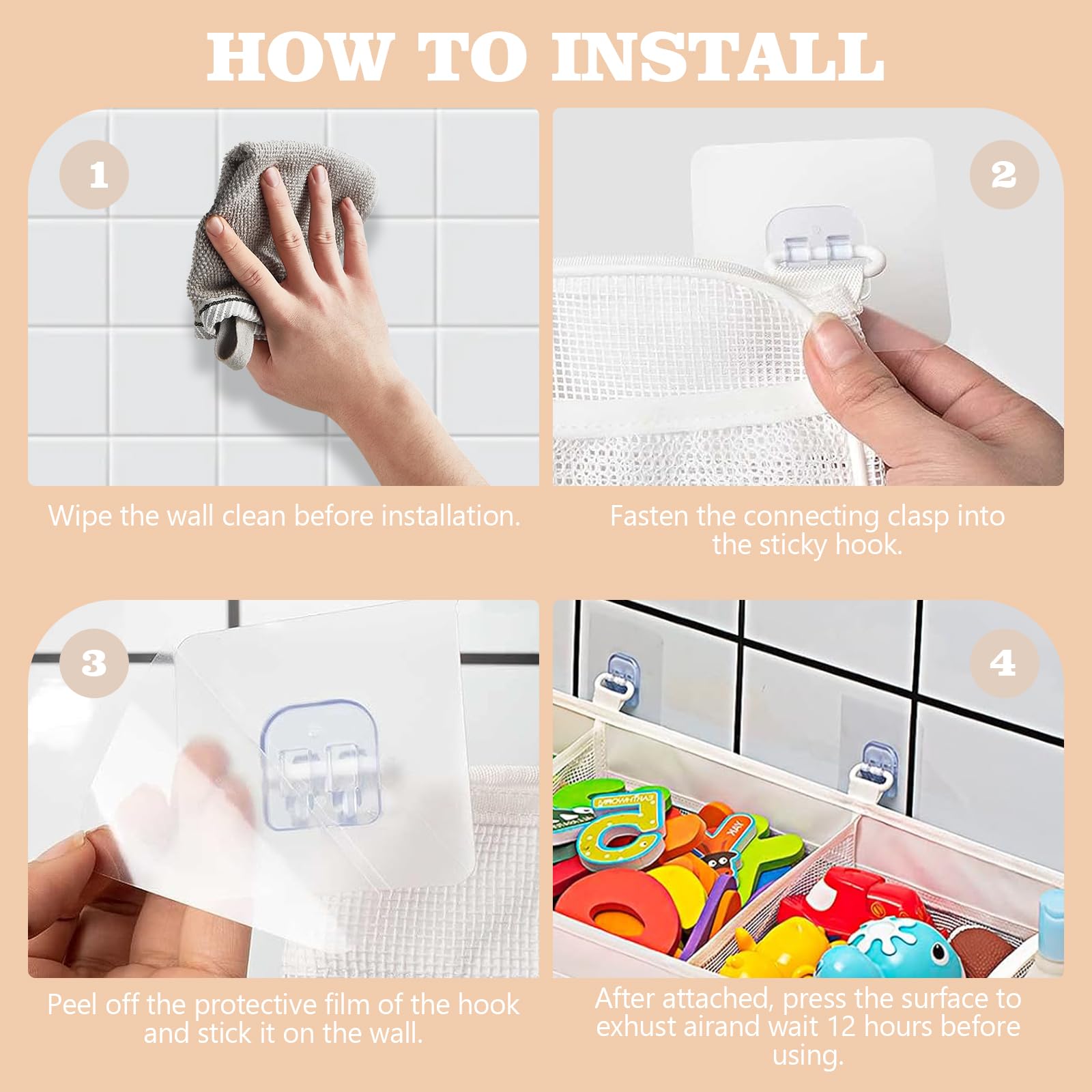 Bath Toy Storage Bag with 4 Hooks - Mesh Organizer for Bathtub Toys, Waterproof Toy Holder & Sorter - Perfect for Kids Bath Time Organization (White)