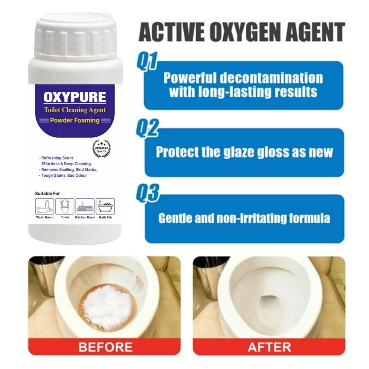 ShineBrew Advanced Oxypure Concentrated Toilet Cleaner | Powerful Oxygen Bleach Toilet Bowl Cleaner | Antibacterial, Deodorizing & Stain Remover | Foaming Bathroom Cleaner for Toilets, Sinks & Tubs (1) - Ideal for Deep Cleaning, Removing Tough Stains & Eliminating Odors in Home & Commercial Restrooms