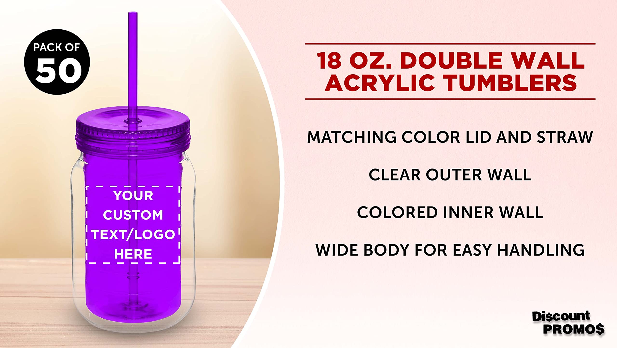 50 Pack 18oz Custom Purple Acrylic Tumblers with Straws - Personalized Bulk Drinkware for Smoothies, Iced Coffee & Soda - Great for Parties, Restaurants & Promotional Events