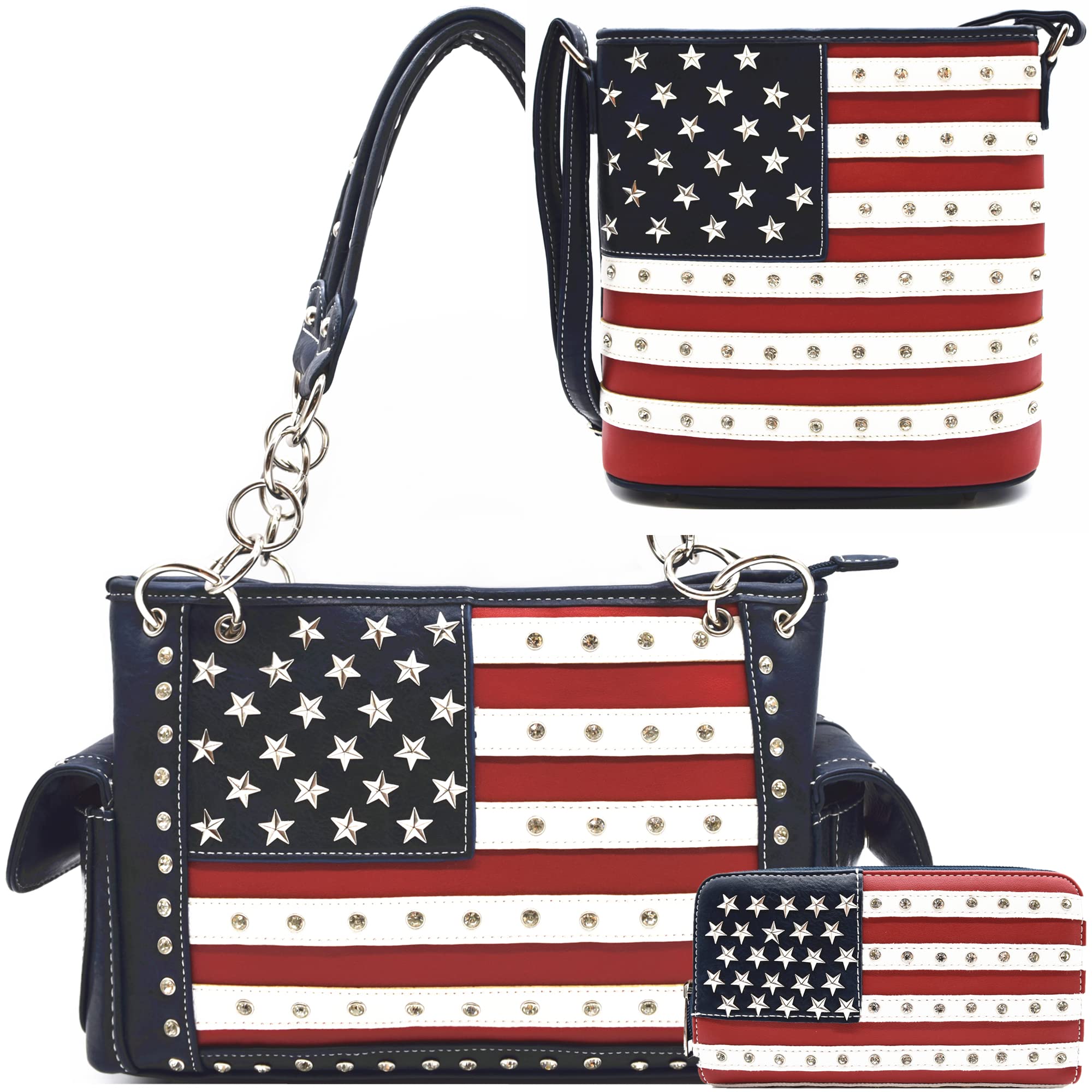 Western Origin American Flag USA Patriotic Purse - Women's Stars & Stripes Shoulder Bag with Studs & Crossbody Wallet in Blue | Perfect for 4th of July, Patriotic Events & Everyday Use