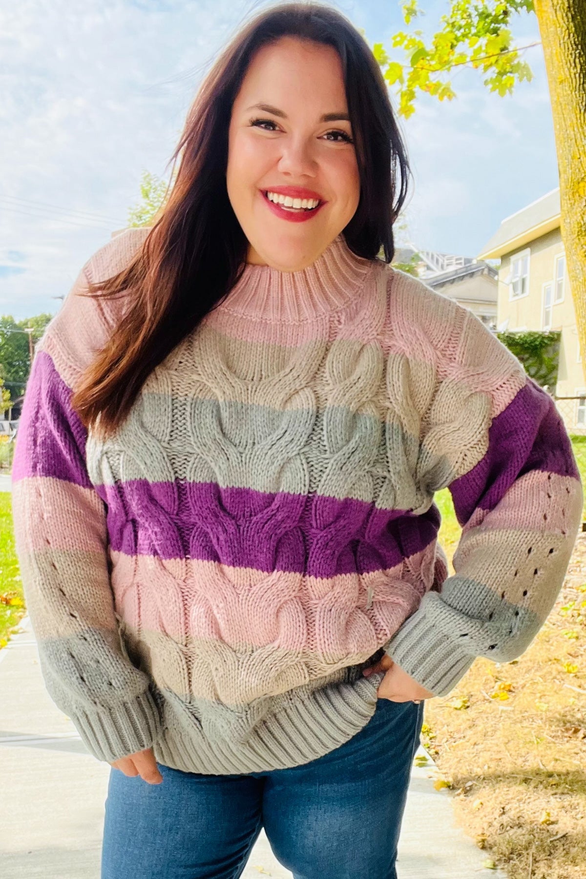 Fall For You Mauve Multicolor Stripe Cable Knit Mock Neck Sweater | Women's Cozy Winter Pullover | Perfect for Christmas, Holiday Parties & Casual Outings