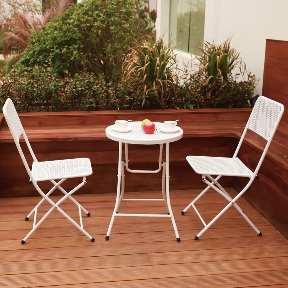 Premium Steel Patio Bistro Set - 3-Piece Folding Outdoor Furniture with Table & Chairs (White) - Perfect for Small Balconies, Gardens & Cafe-Style Dining