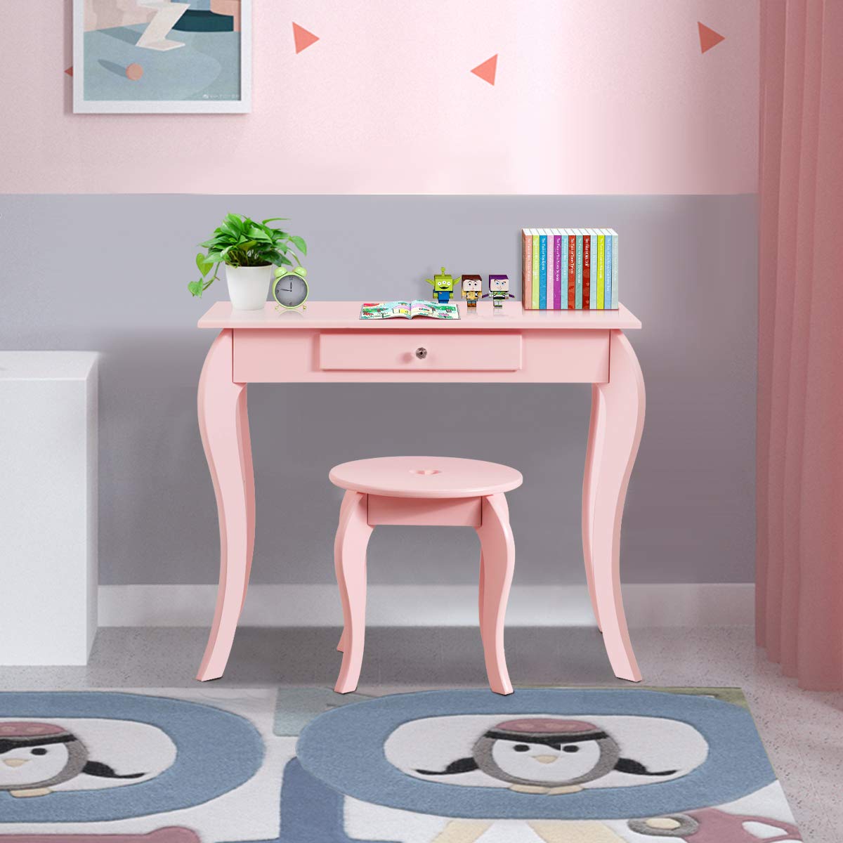 HONEY JOY Pink Kids Vanity Set with Mirror & Stool - Wooden Toddler Makeup Dressing Table with Removable Top & Drawer - Princess Pretend Play Beauty Set for Little Girls - Perfect for Birthday Gifts, Bedroom Decor & Role Play Activities