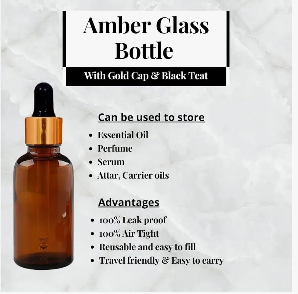 30ml Amber Glass Bottle with Dropper & Golden Ring - Refillable Essential Oil Bottles for DIY Perfumes, Aromatherapy, Skincare (Pack of 6) | Perfect for Travel, Gifts & Home Use