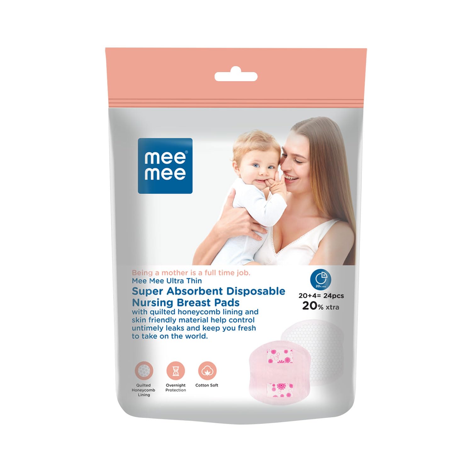 Mee Mee Disposable Nursing Breast Pads 24 Pcs - Ultra Thin Honeycomb Design with Leak Guard | Super Absorbent & Soft Cotton Maternity Pads for Breastfeeding Moms | Compact & Discreet for Day & Night Use | Perfect for Work, Travel & Daily Comfort