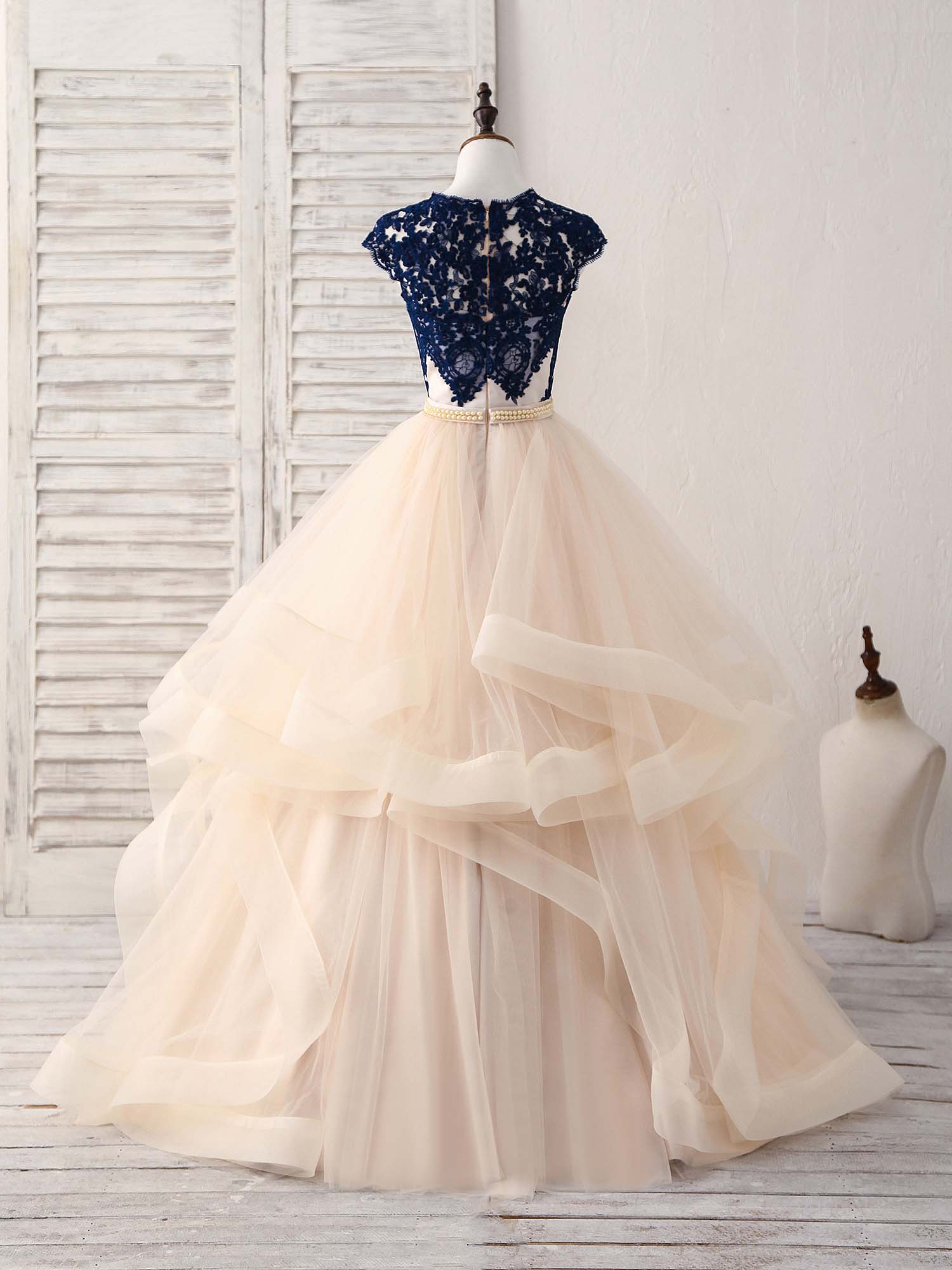 Elegant Blue & Champagne Tulle Lace Applique Long Prom Dress - Formal Evening Gown for Homecoming, Quinceañera & Special Occasions