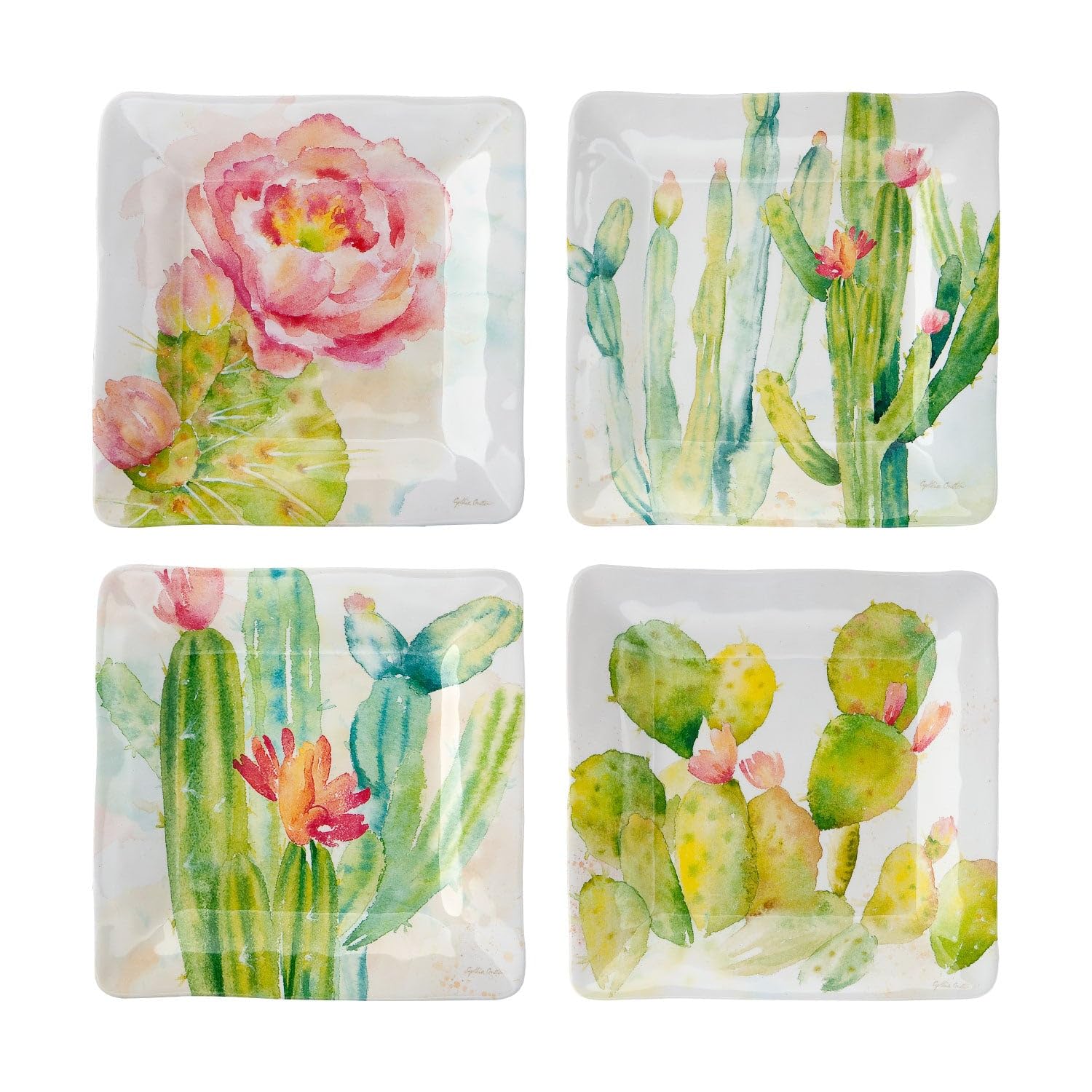 UPware Cactus Melamine Square Dessert Plates - 6 Inch Small Serving Plates for Appetizers, Snacks & Side Dishes - Colorful Set of 4 - Perfect for Parties, Picnics & Outdoor Dining