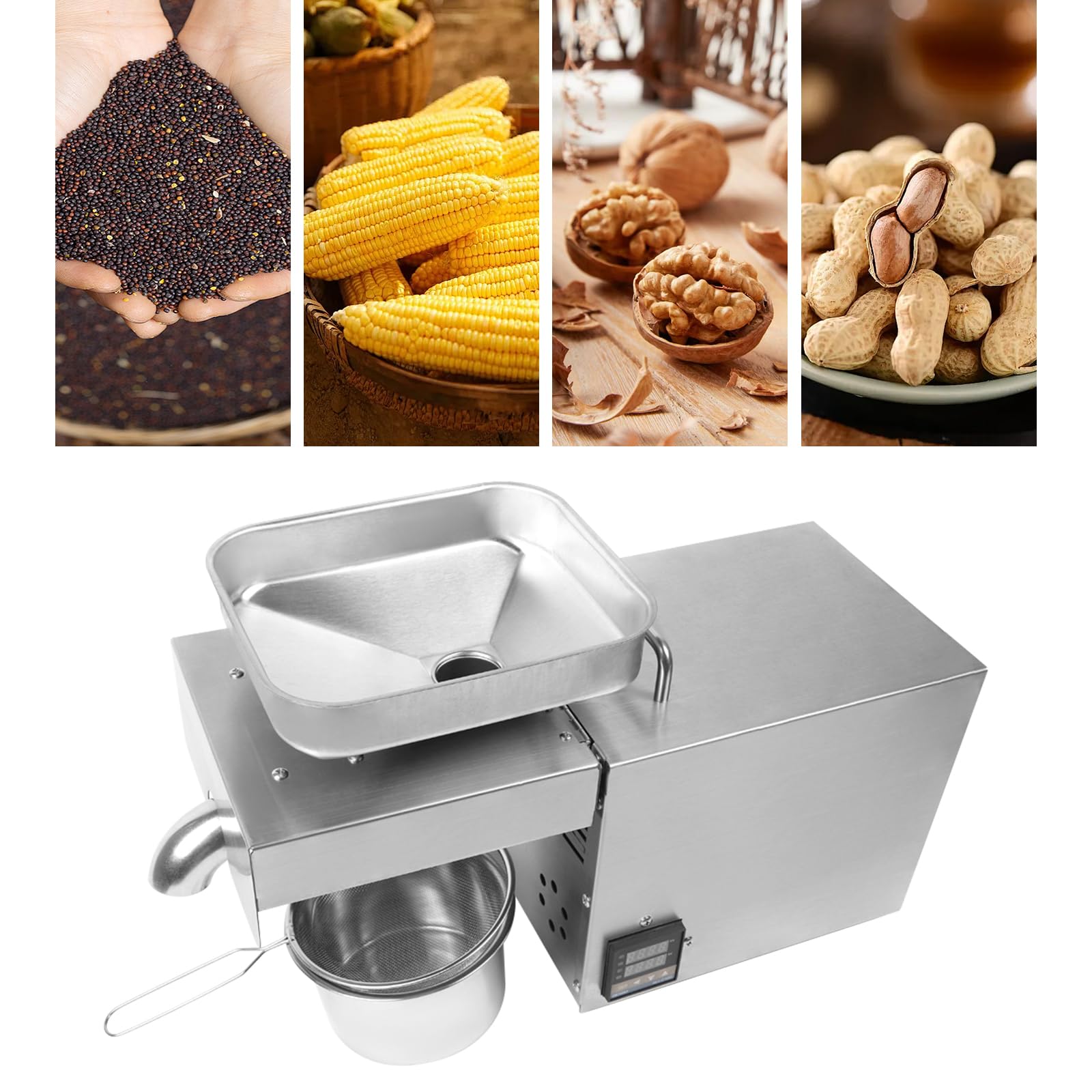 Stainless Steel Automatic Oil Press Machine - 1500W (2kg/Hour) for Nuts, Seeds & More | Cold/Hot Press with Intelligent Control | Perfect for Home & Commercial Use | Walnut, Almond, Linseed, Olive, Rapeseed, Sesame Oil Extraction