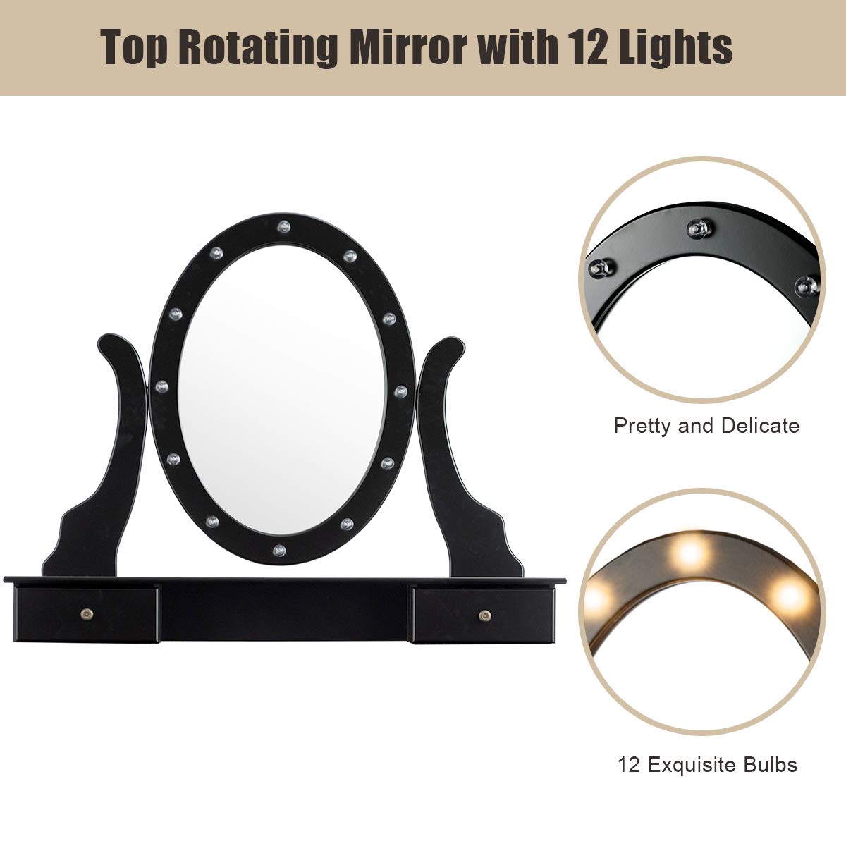 Giantex 12-Lights Vanity Table Set with 360° Rotating Oval Mirror, 5 Drawers & Shelf - Modern Makeup Dressing Table with Cushioned Stool for Women & Girls (Black) | Perfect for Bedroom, Dressing Room & Home Beauty Station