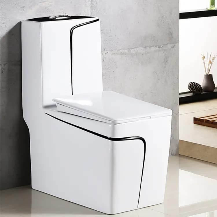 InArt Syphonic Washdown Flush Ceramic One-Piece Western Toilet - Glossy Black & White Modern Water Closet Commode for Bathroom, Home & Office Use