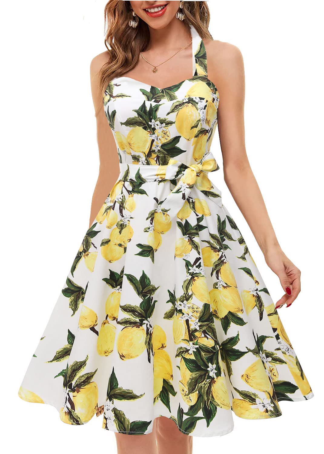 Vintage Polka Dot Audrey Dress for Women - 1950s Retro Halter Cocktail Dress in White & Lemon | Perfect for Cocktail Parties, Weddings, and Vintage-Themed Events