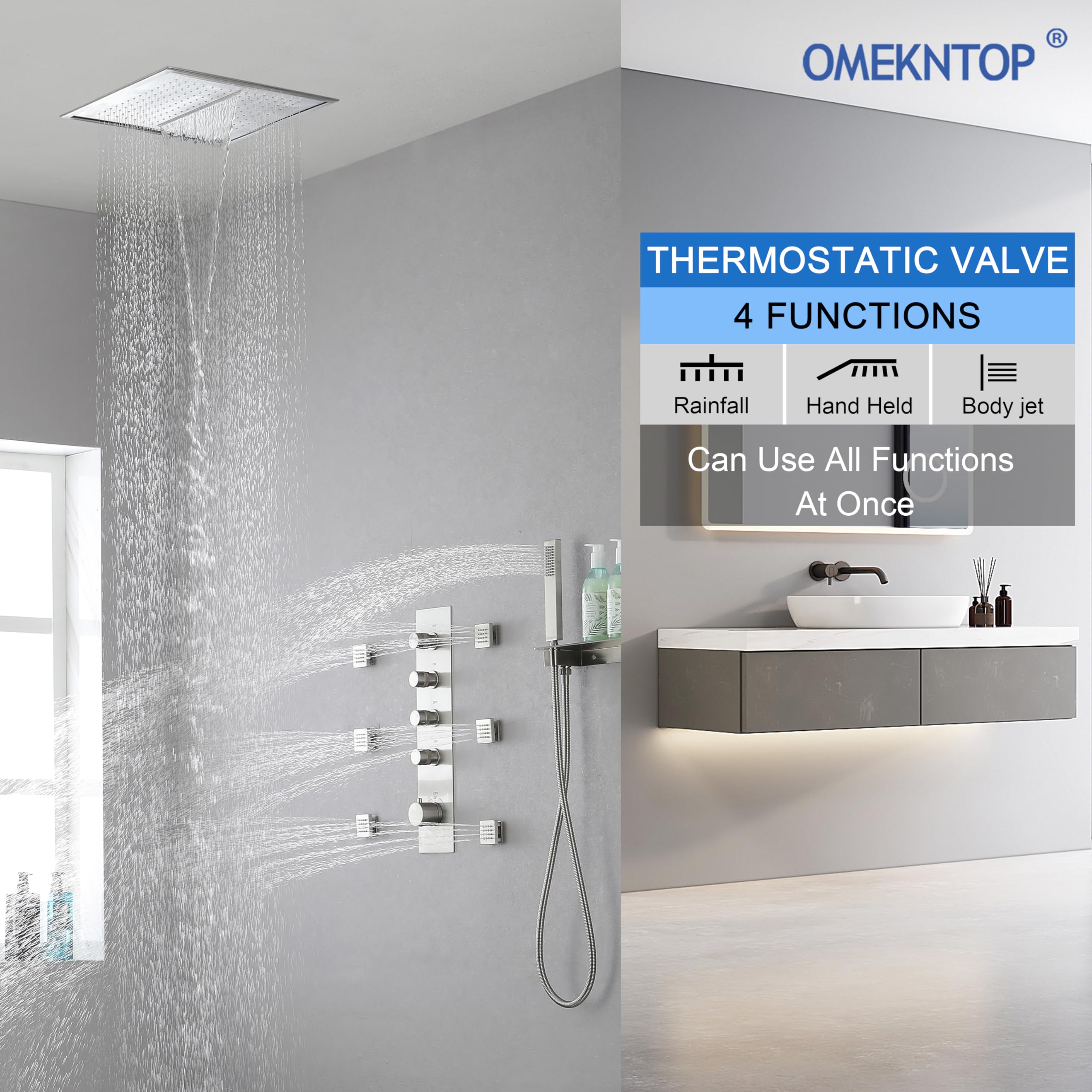 4-Way Shower Diverter Valve Brushed Nickel - Thermostatic Mixer Brass Valve with 4 Functions & Individual Flow Control - Perfect for Bathroom Renovation & Multi-Head Shower Systems