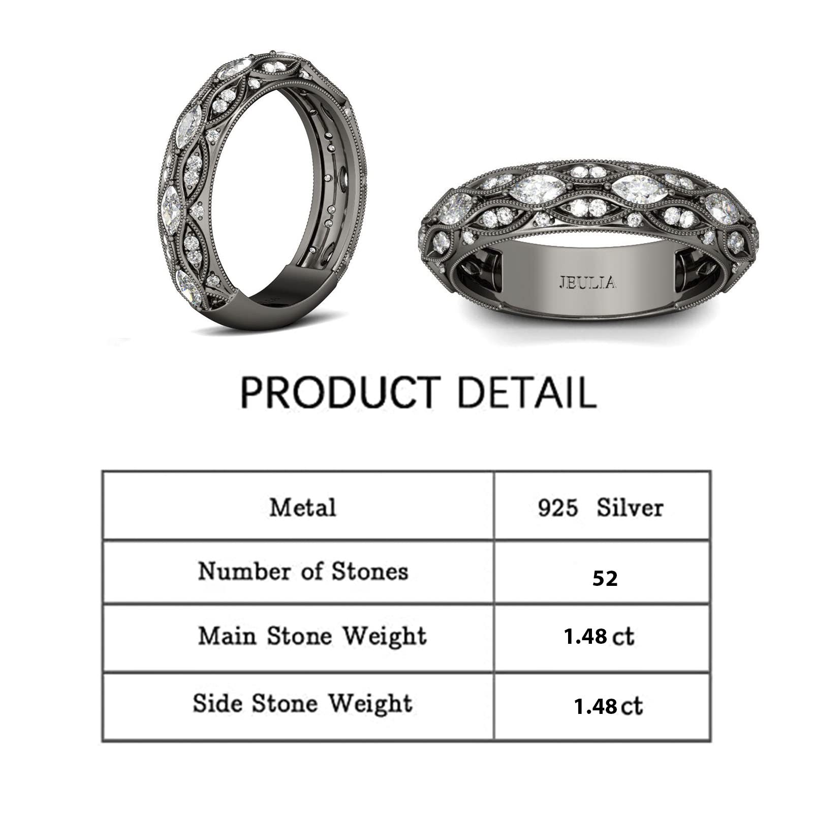 Jeulia Black Sterling Silver Men's Wedding Band with Marquise Cut Diamond & Cubic Zirconia - Gothic Style Engagement Ring for Women, Anniversary Jewelry with Gift Box - Perfect for Proposals, Weddings & Special Occasions