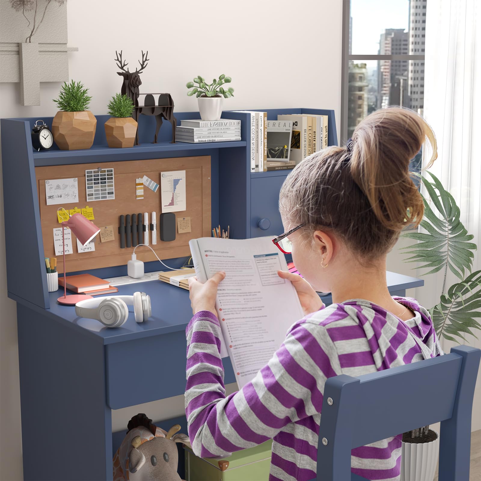 Blue Kids Study Desk and Chair Set with Drawers, Storage Shelf & Charging Station - Ergonomic Computer Desk for Children Ages 5-12 | Perfect for Homeschooling, Online Learning & Bedroom Study Spaces