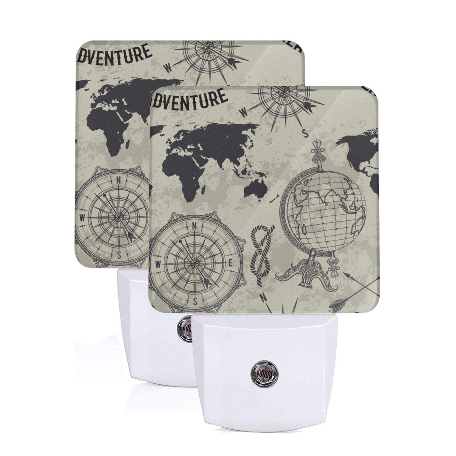 2-Piece Vintage Compass World Map LED Night Light with Auto Dusk-to-Dawn Sensor, Plug-in Bedside Lamp for Kids & Adults - Perfect for Nursery, Bedroom, Home Decor & Gift Giving