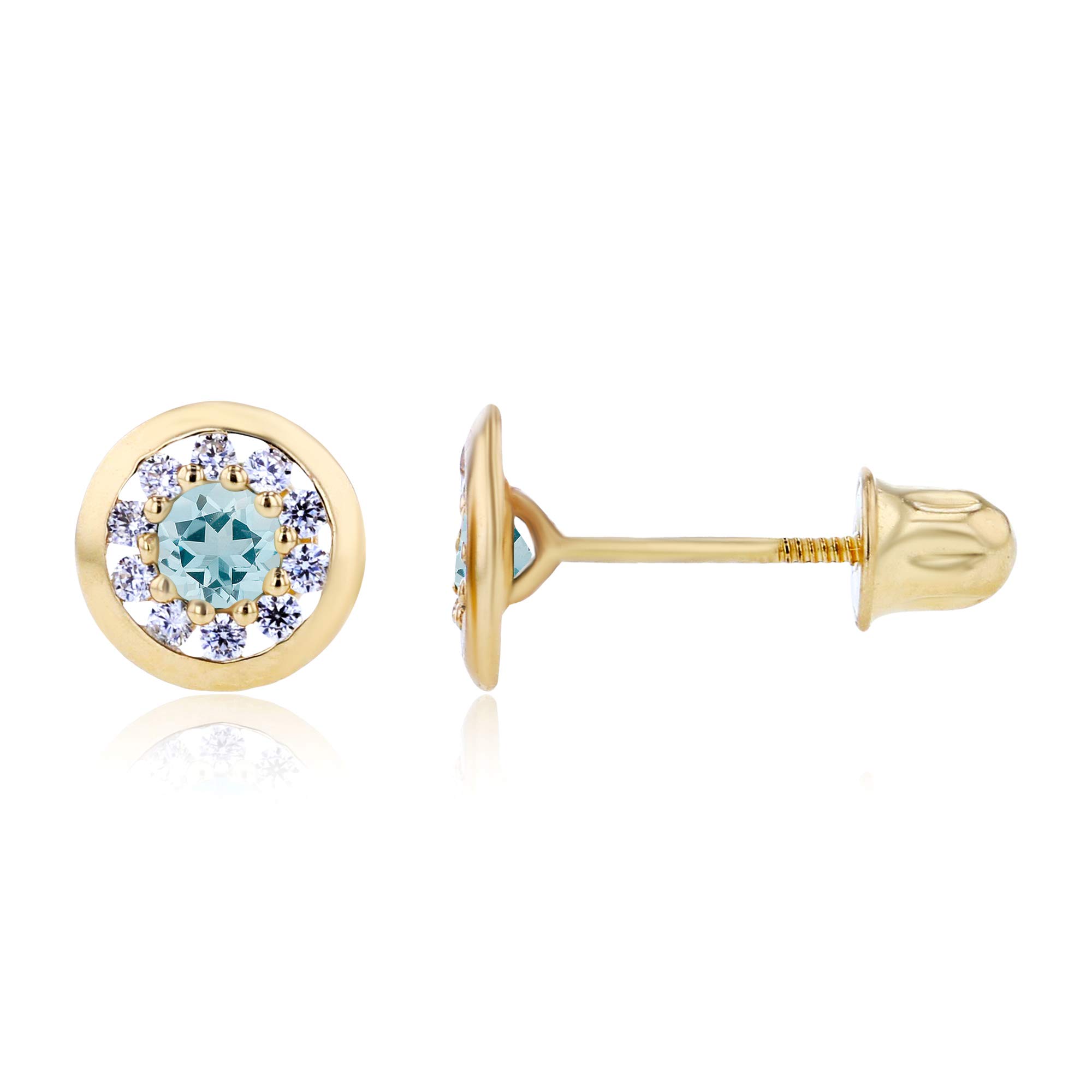 14K Gold 6mm Natural Birthstone Stud Earrings for Women | Round Birthstone & White Sapphire Pave Circle Screwback Earrings | Perfect for Gifts, Weddings, and Everyday Wear