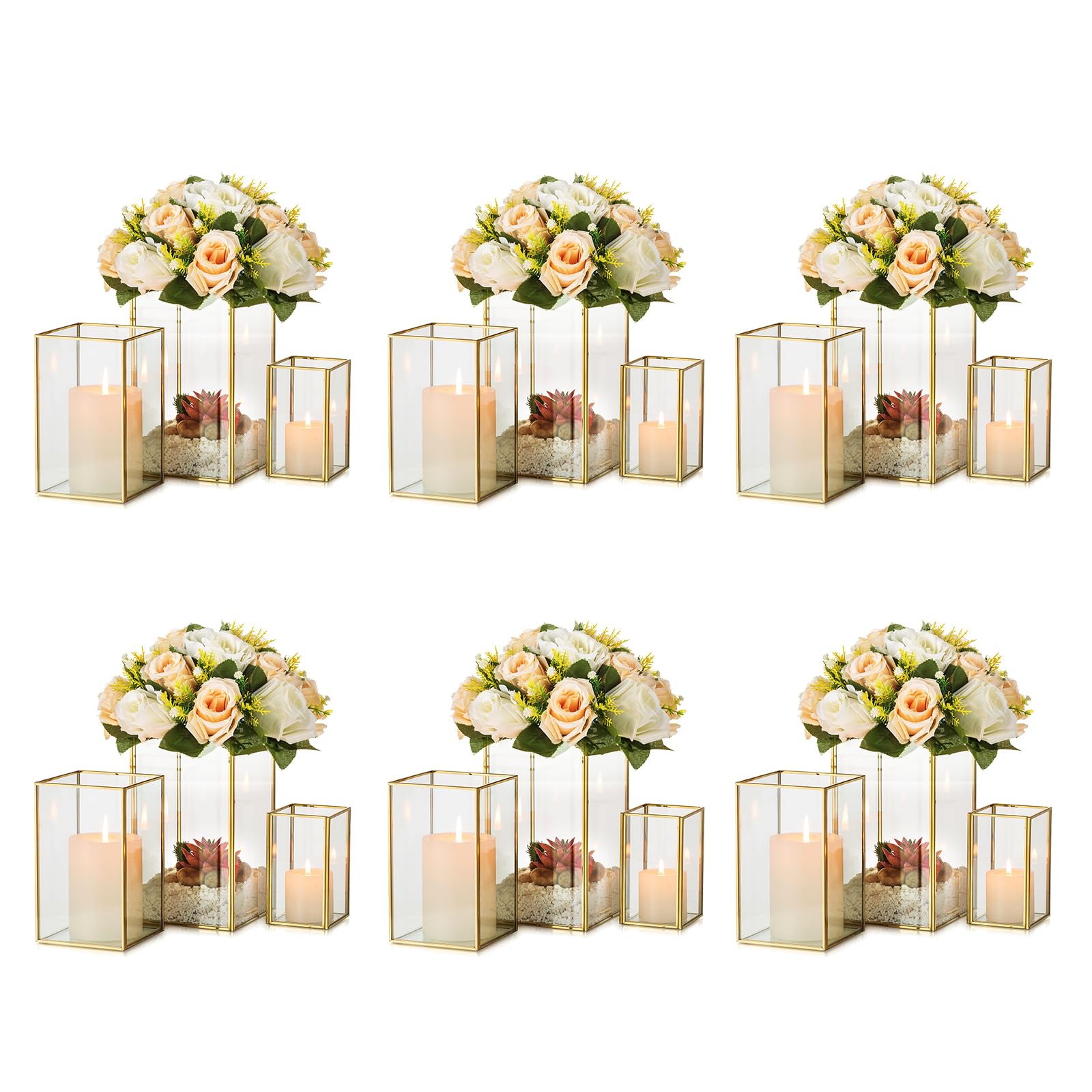 Hewory Glass Hurricane Candle Holder Set of 18 - Square Gold Metal Frame Clear Candle Holders for Wedding Centerpiece, Christmas Decor, Birthday Party, Engagement & Home Table Decorations - Perfect for Romantic Dinners, Holiday Celebrations and Special Events