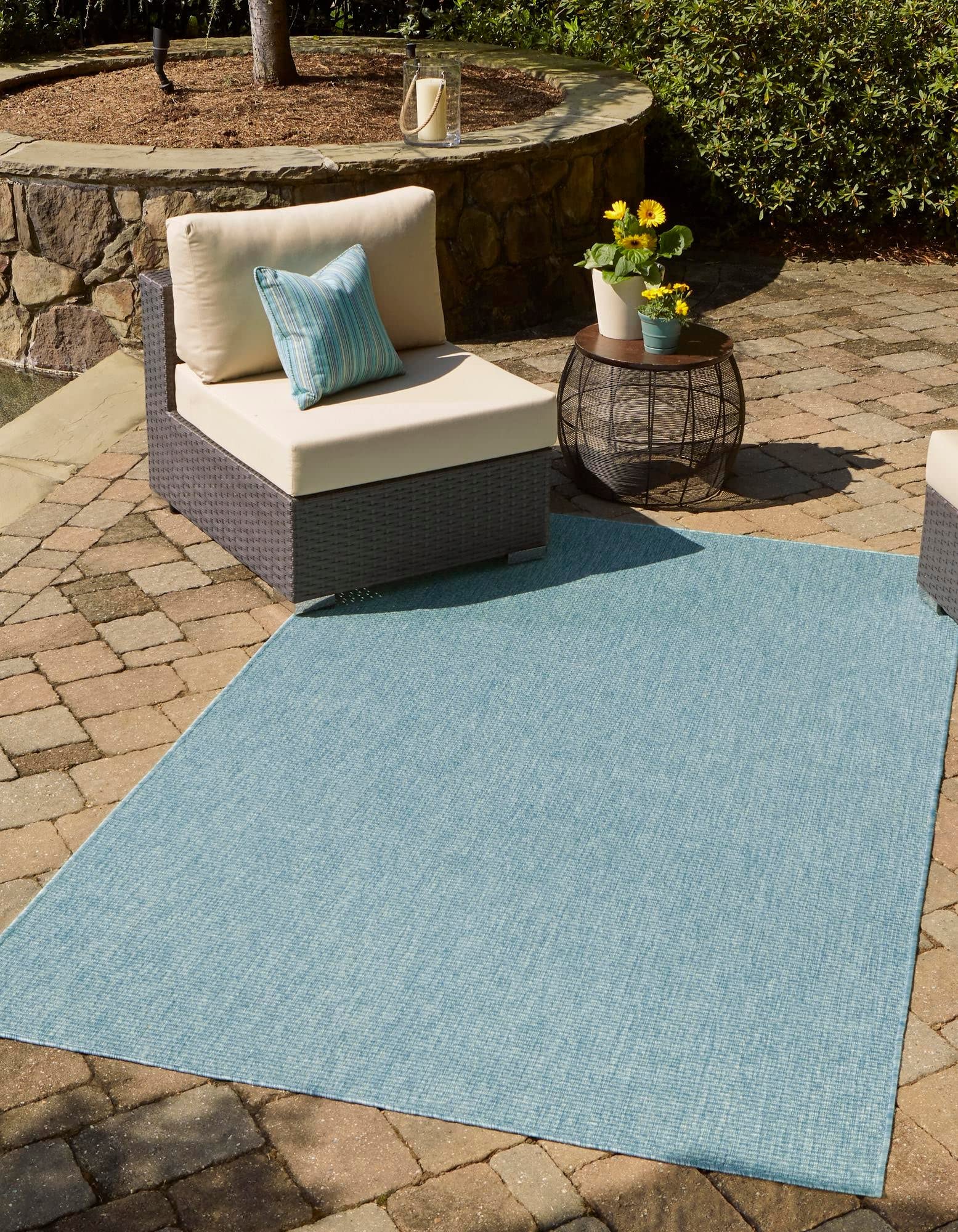 Premium 7' x 10' Aquamarine Flatweave Outdoor Rug - All-Weather Durable Solid Collection Rug for Patio, Deck, Poolside & Backyard - Perfect for Bedrooms, Living Rooms & Dining Areas
