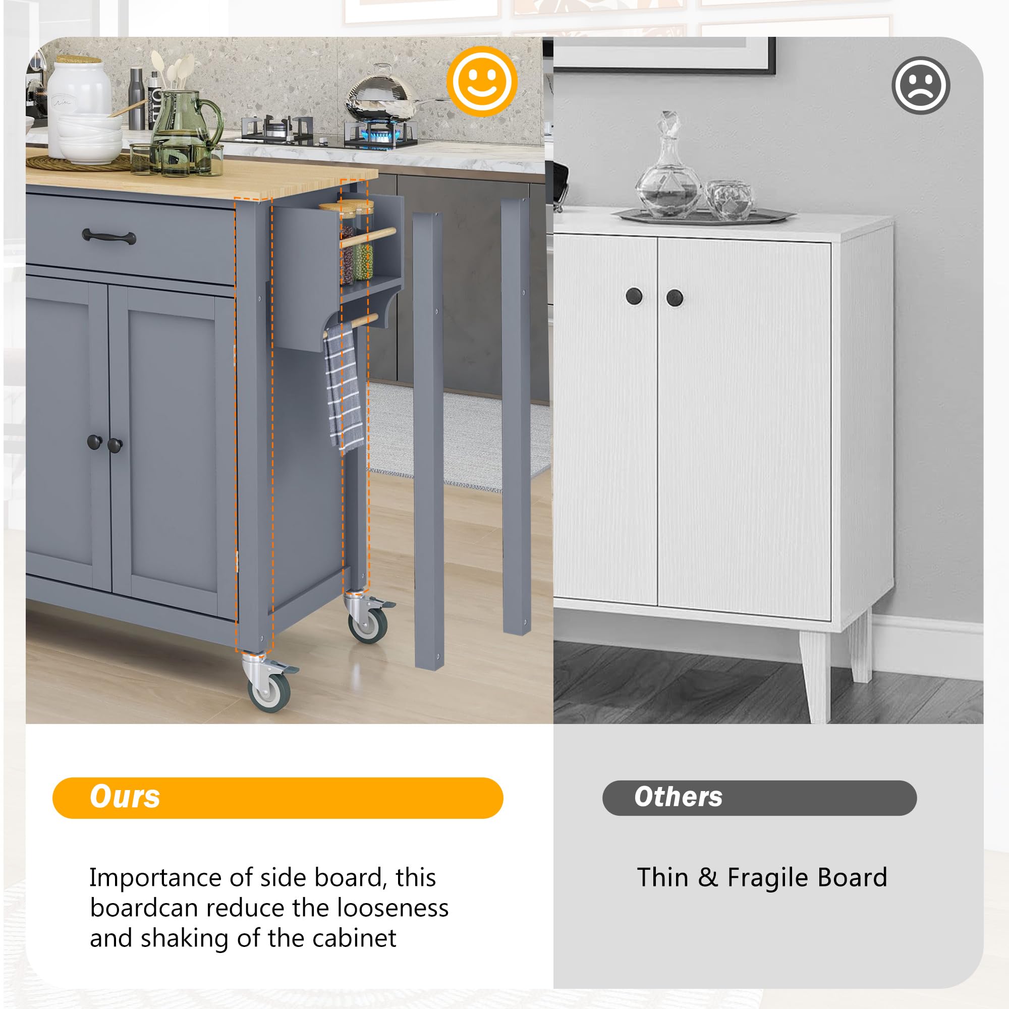 Solid Wood Top Kitchen Island on Wheels with 2 Drawers & Storage Cabinets - Large Rolling Kitchen Cart for Cooking Prep & Entertaining in Dusty Blue - Perfect for Small Kitchens, Dining Areas & Open Concept Living Spaces