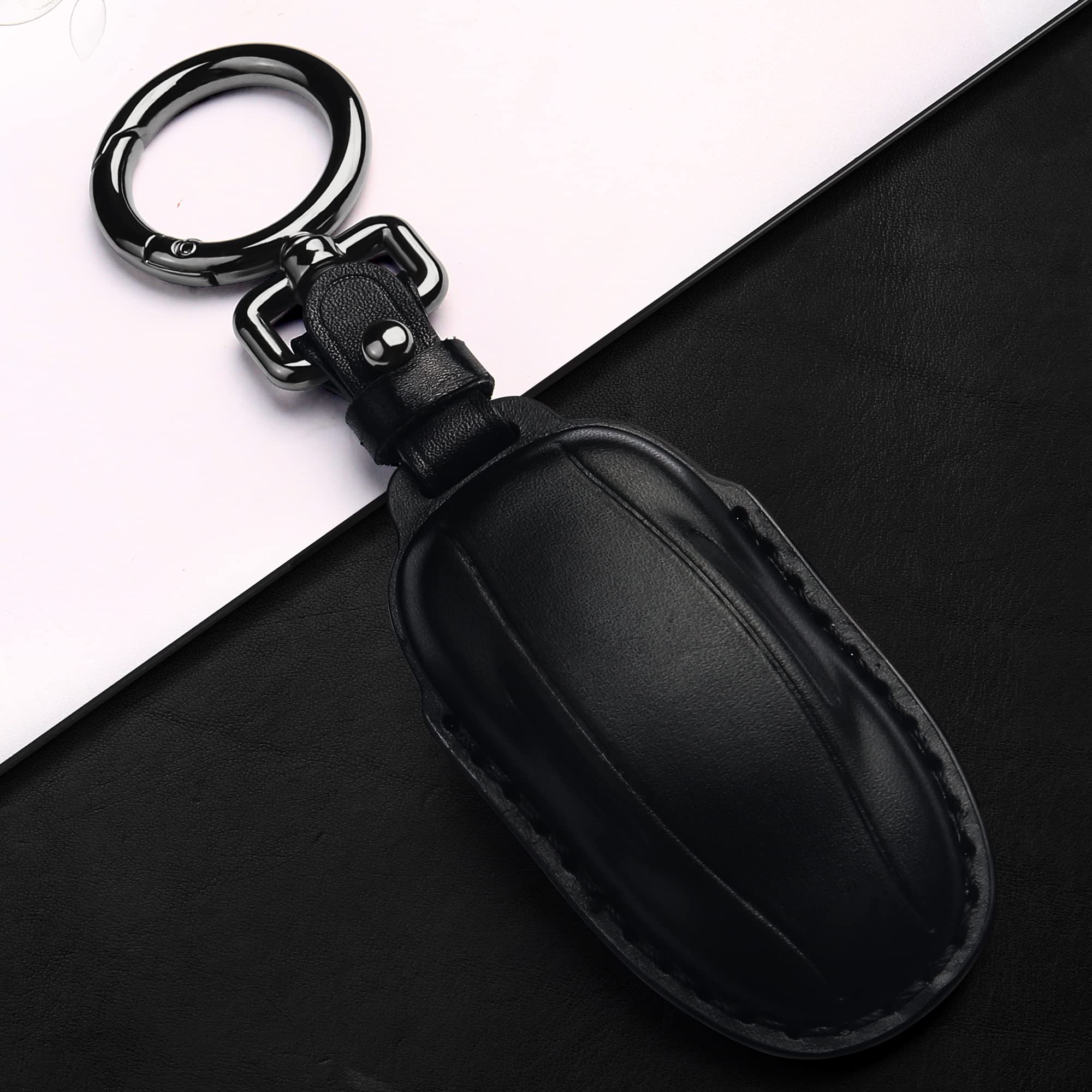 Premium Leather Tesla Key Fob Cover with Keychain - Compatible with Model 3/Y/S (Black) | Durable Protection & Stylish Accessory for Your Tesla Keys | Perfect for Everyday Use, Travel & Car Enthusiasts