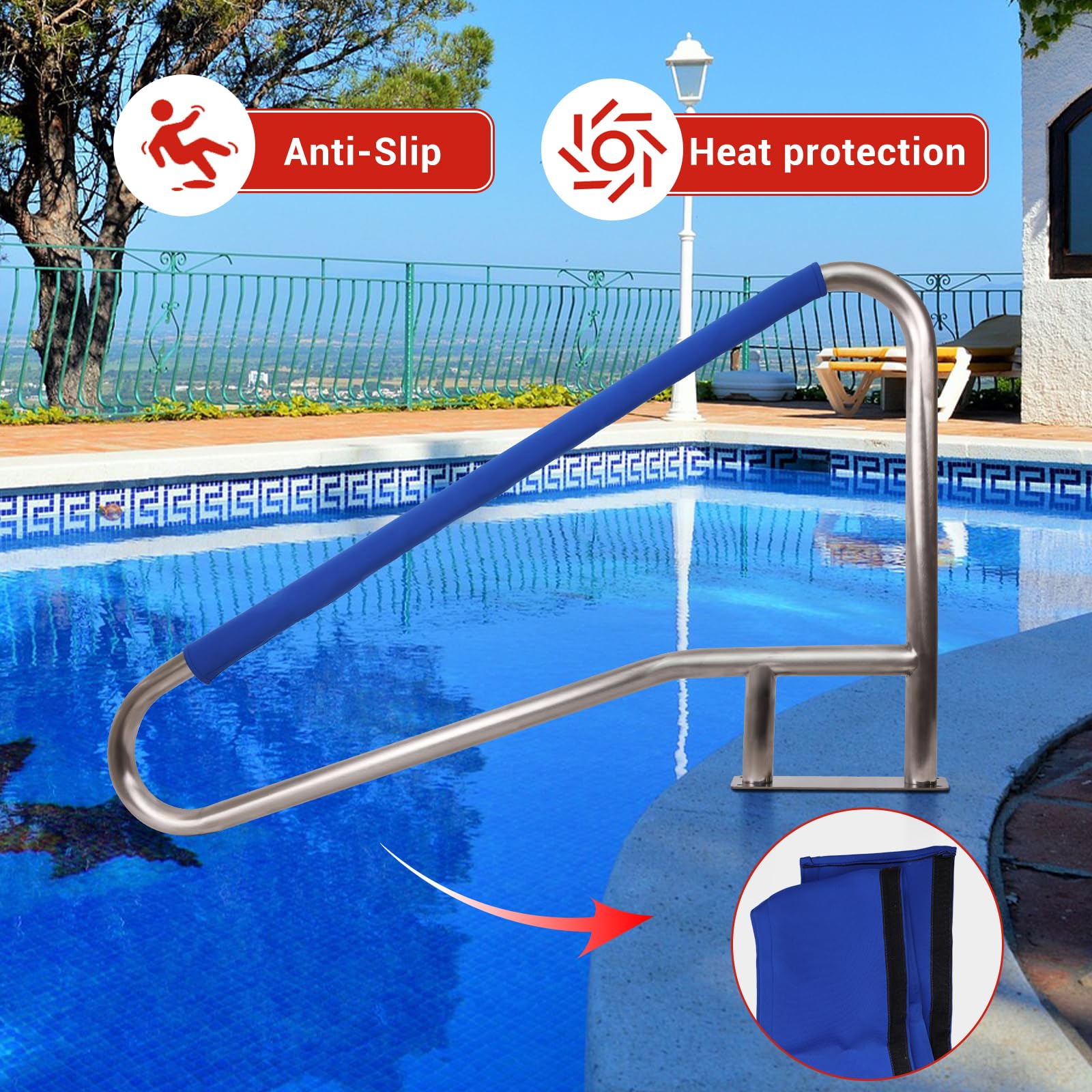 54 x 36 Inch 304 Stainless Steel Swimming Pool Handrail - Rustproof Inground Pool Stair Rail with Blue Non-Slip Grip Cover - Perfect for Pool Safety and Easy Entry/Exit