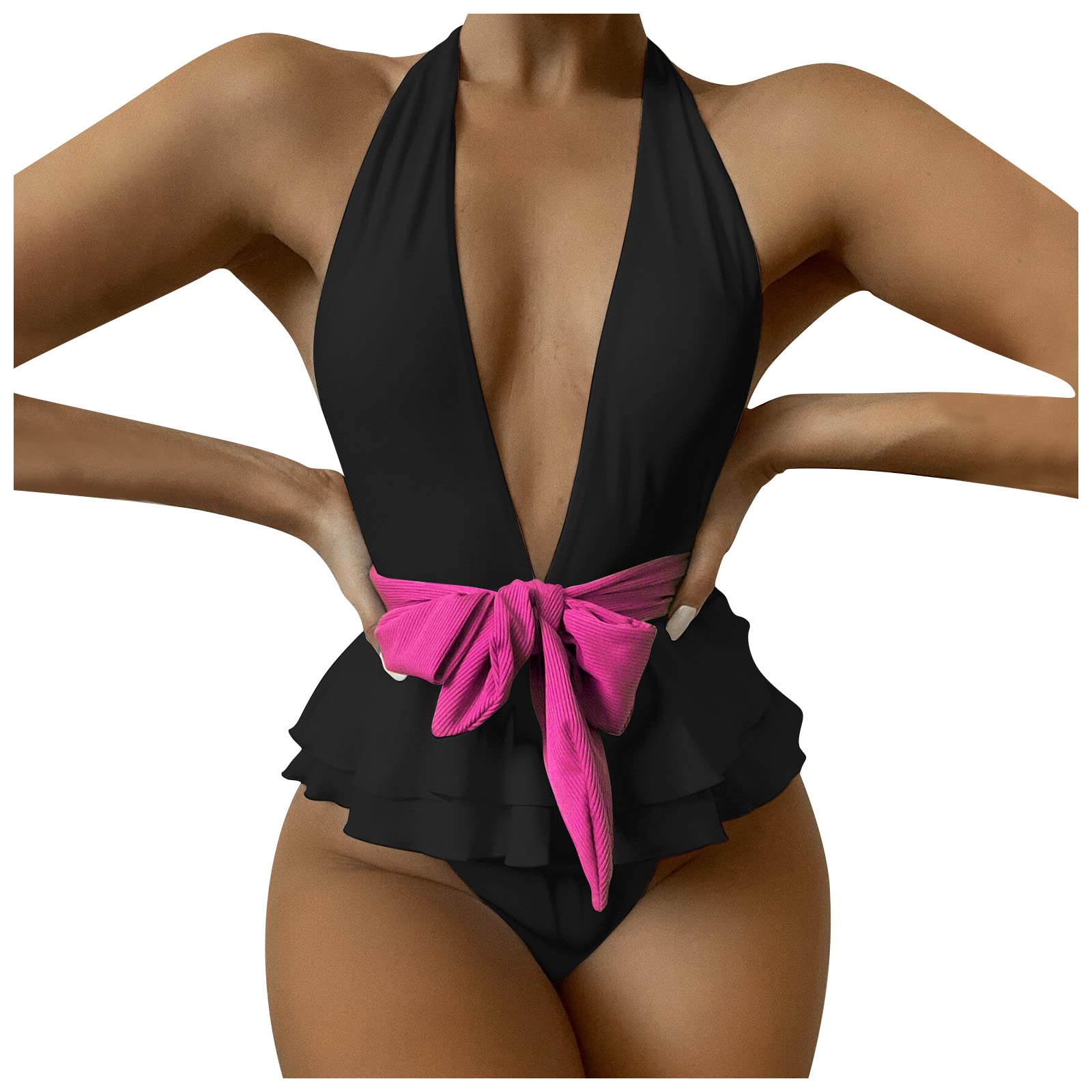 Sexy Women's Bandage Bow Bikini Set - Lace Contrast Color One-Piece Swimsuit | Halter Backless Bathing Suit for Beach, Pool & Summer Vacation