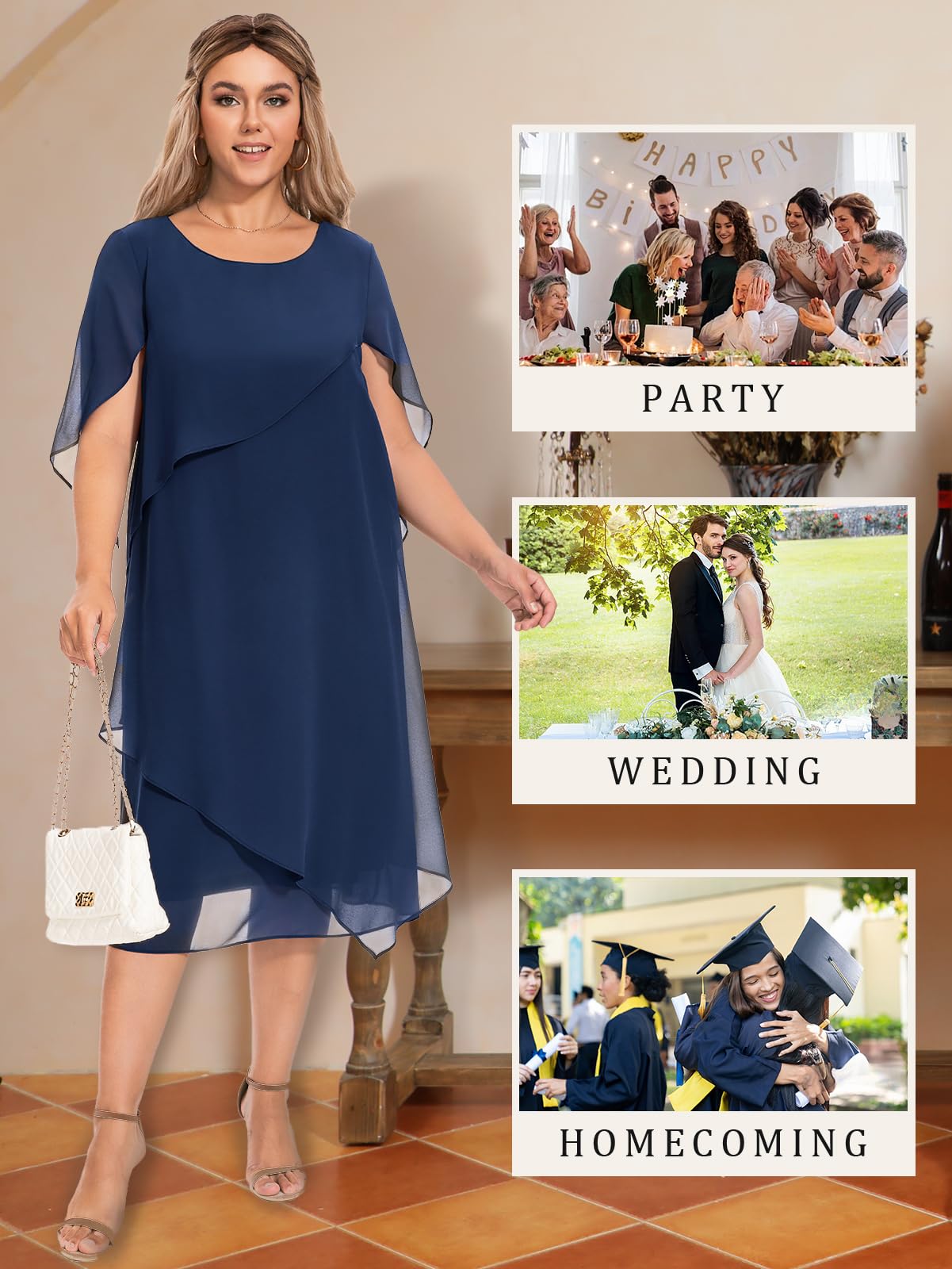 Elegant Plus Size Cape Dress with Chiffon Overlay for Women - Wedding Guest, Cocktail Party & Special Occasion Formal Wear