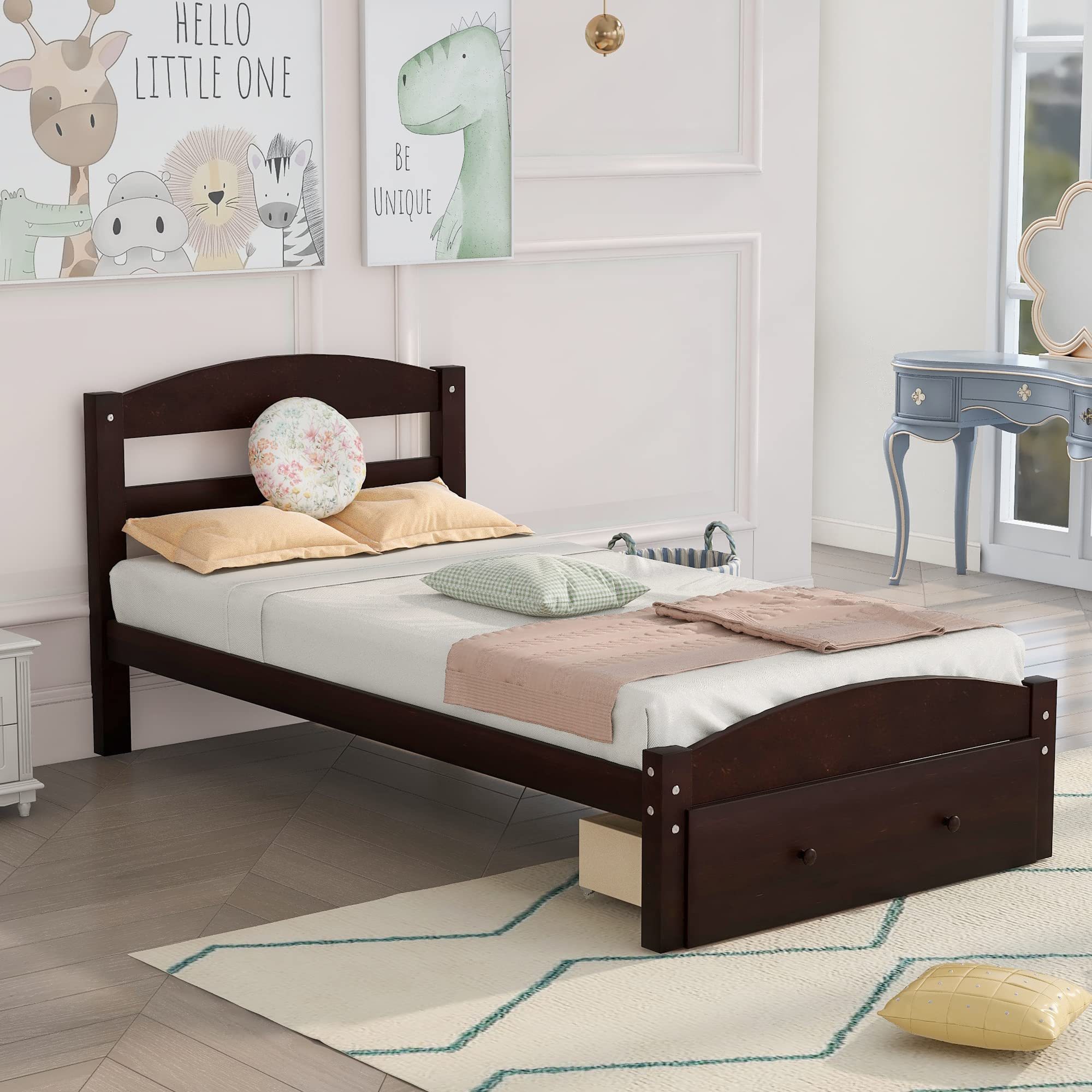 Rhomtree Twin Size Wood Platform Bed Frame with Storage Drawers & Wood Slat Support - No Box Spring Needed - Espresso Finish - Perfect for Kids Bedroom, Guest Room or Daybed Use