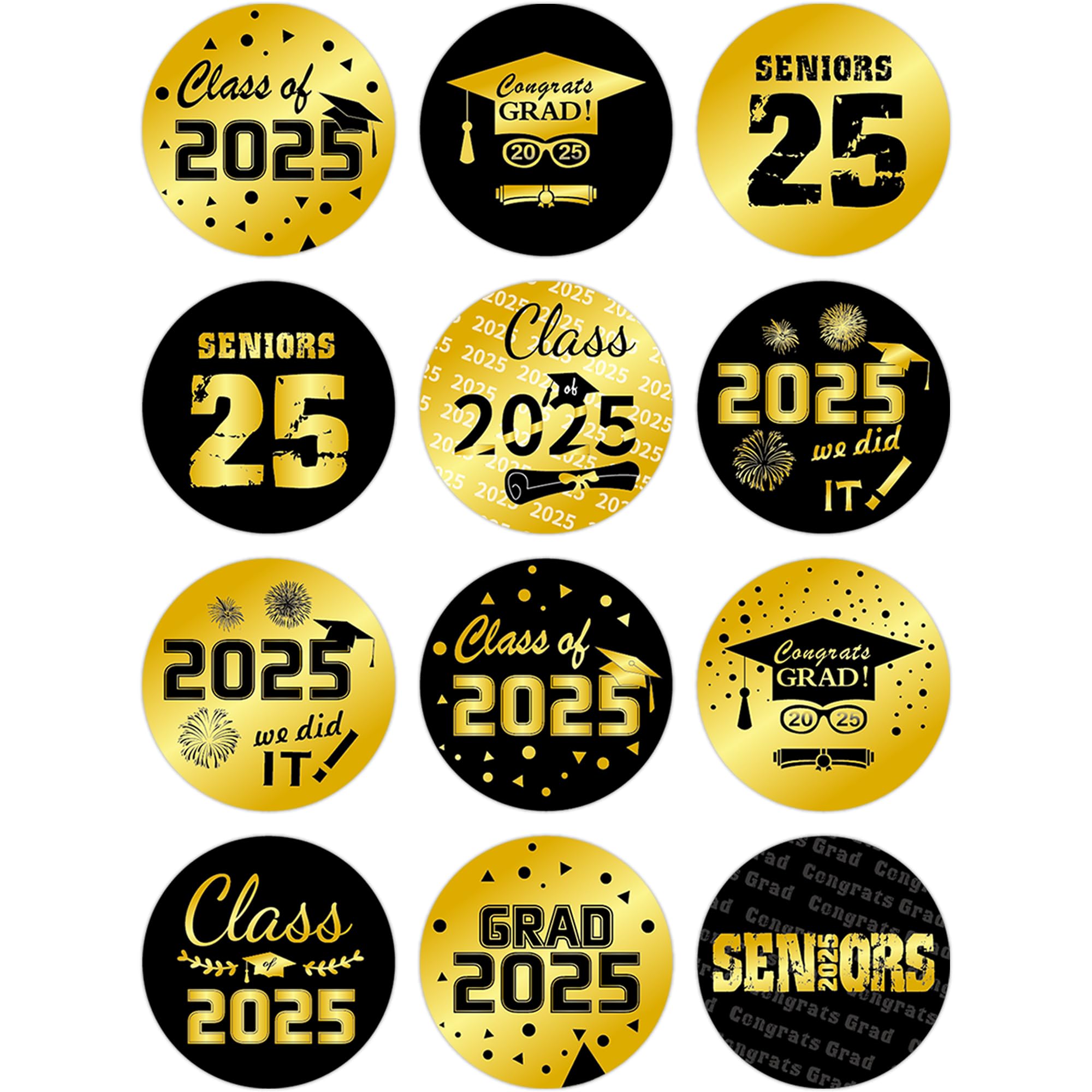 Lucleag 360 PCS 2025 Graduation Stickers - Class of 2025 Gold & Black Round Seal Stickers for Envelopes, Cards, Party Decorations - Perfect for Graduation Invitations, Diploma Covers, Candy Wraps and School Celebration Supplies