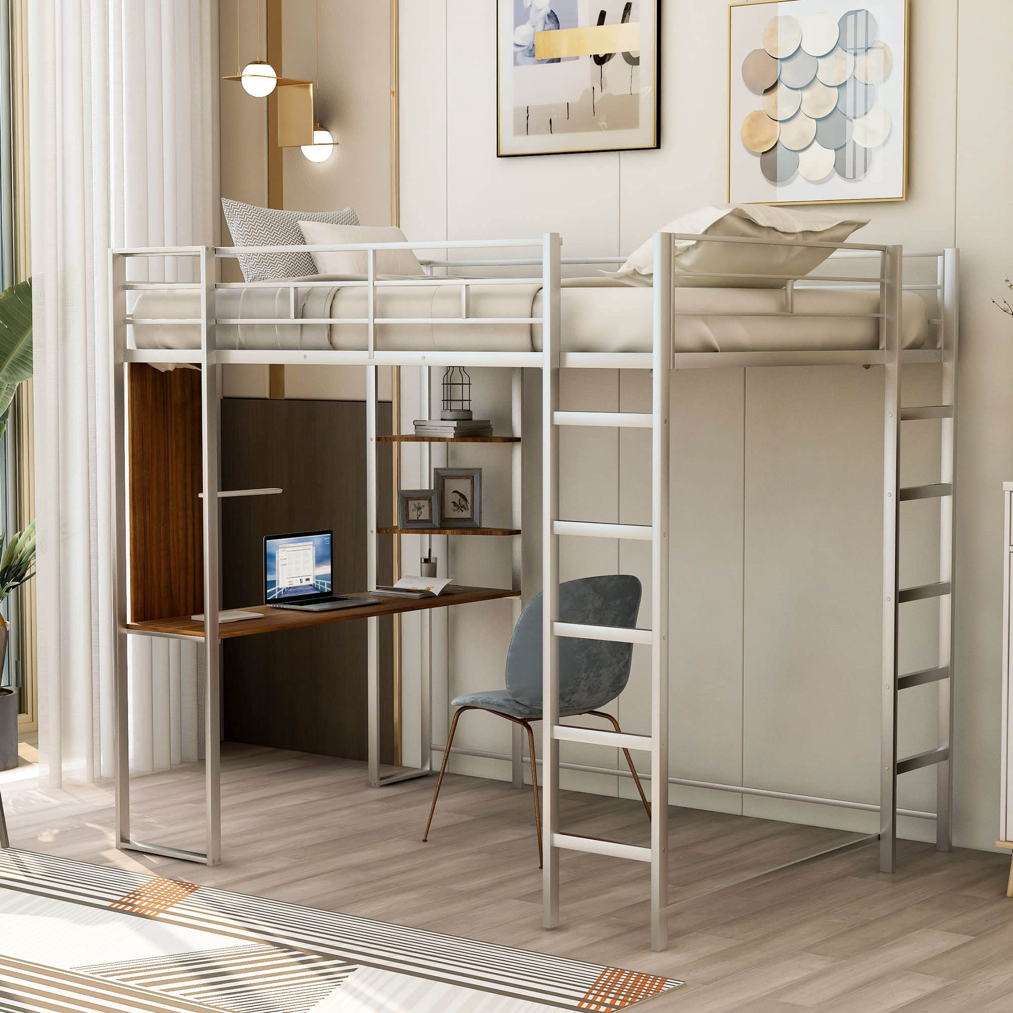Full Size Metal Loft Bed with 2 Shelves & Built-in Desk - Sturdy Mattress Foundation with Metal Slat Support (No Box Spring Required) - Easy Assembly for Dorm Rooms, Small Apartments & Kids Bedrooms