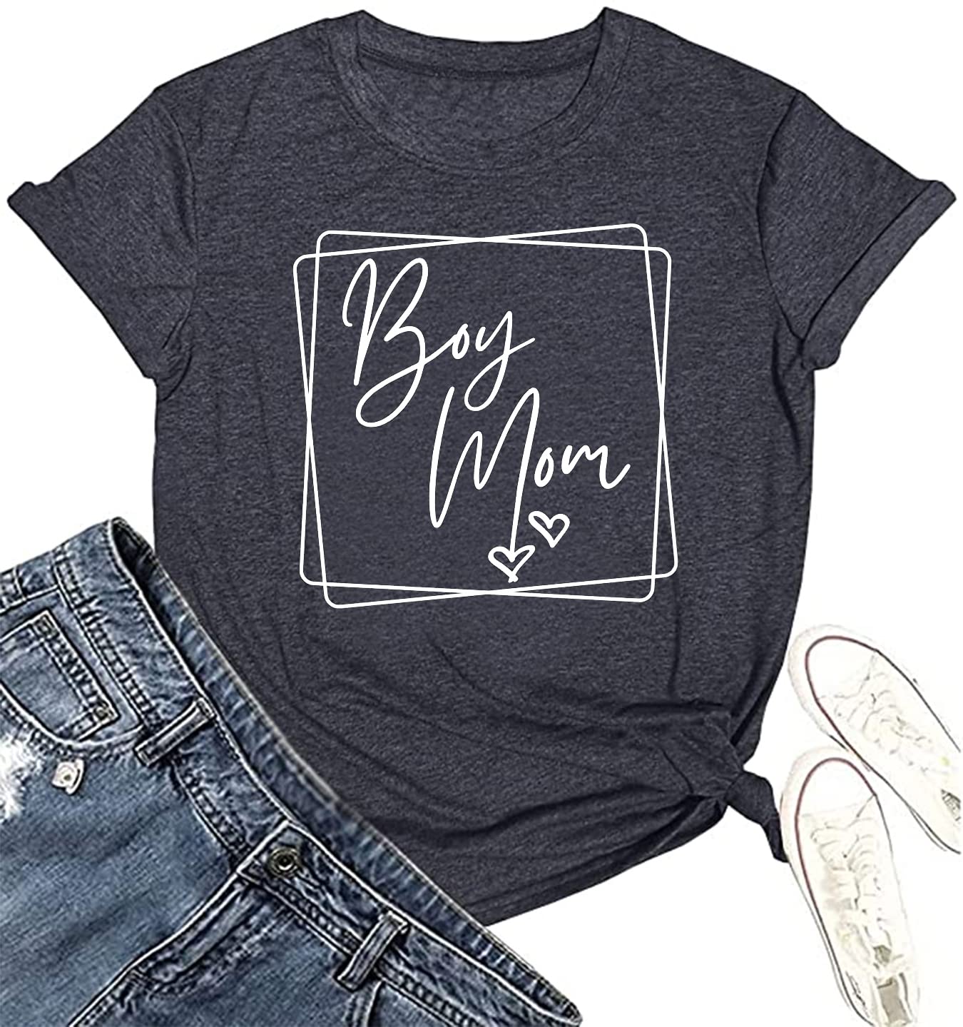 Funny Boy Mom Graphic T-Shirt for Women - Heart Design Mother's Day Gift, Casual Mom Life Shirt - Perfect for Everyday Wear, Mother's Day Celebrations & Family Outings