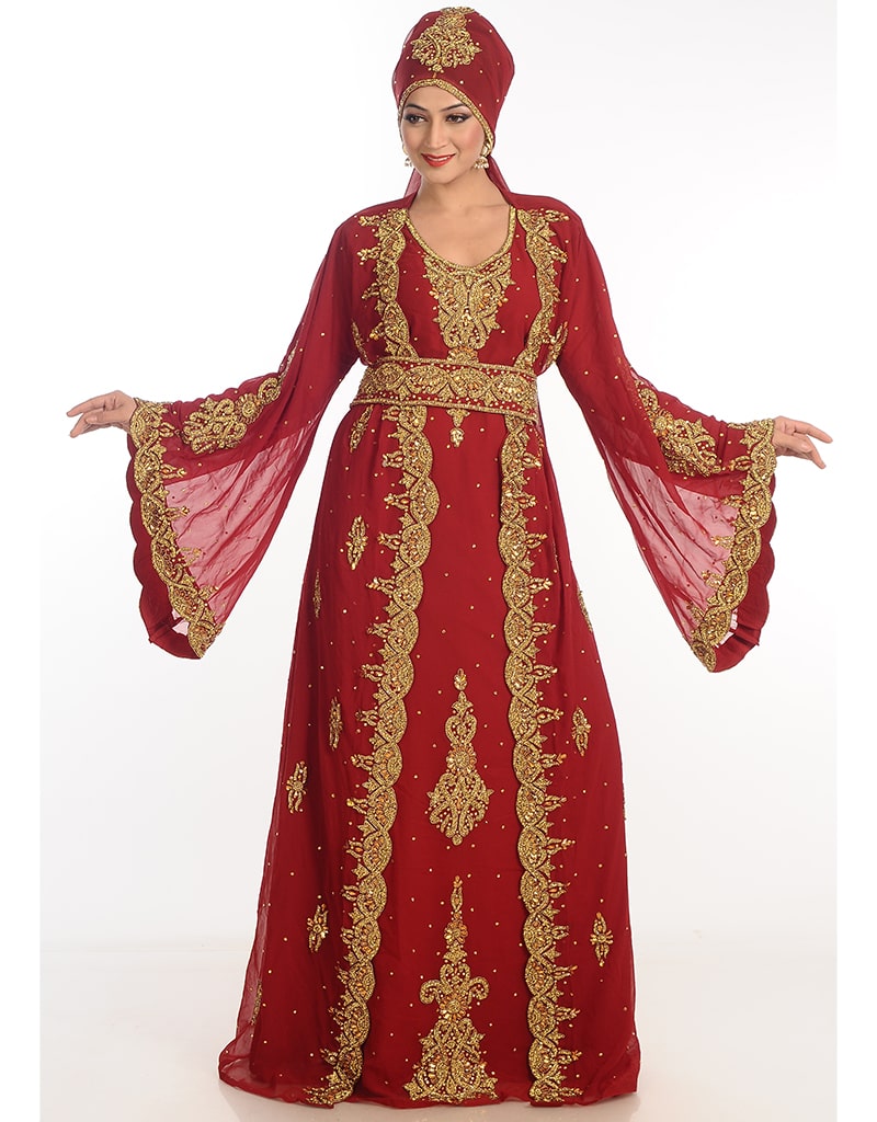 Elegant Arabic Maroon Georgette Kaftan with Hand Zari Embroidery - Perfect for Weddings, Parties & Special Occasions