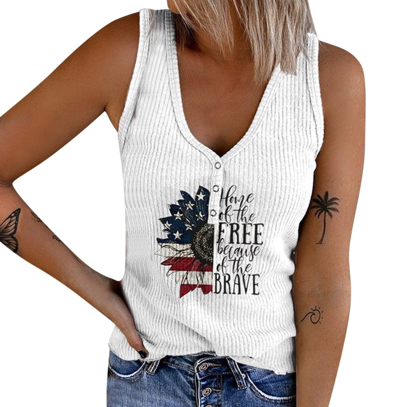 Women's Loose Fit Sleeveless Tank Tops - 4th of July Patriotic Print Casual Knit Crop Tops for Summer, Beach, Gym & Everyday Wear