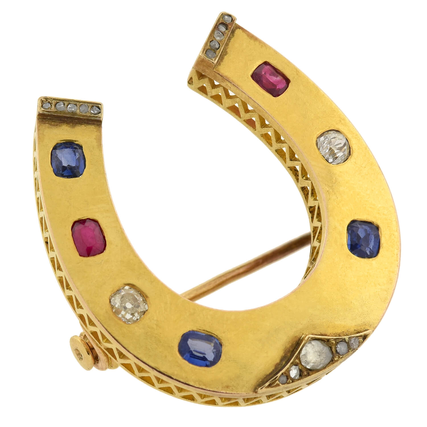 18K Gold Victorian French Horseshoe Pin with Ruby, Diamond & Sapphire - Elegant Jewelry for Weddings, Parties & Special Occasions