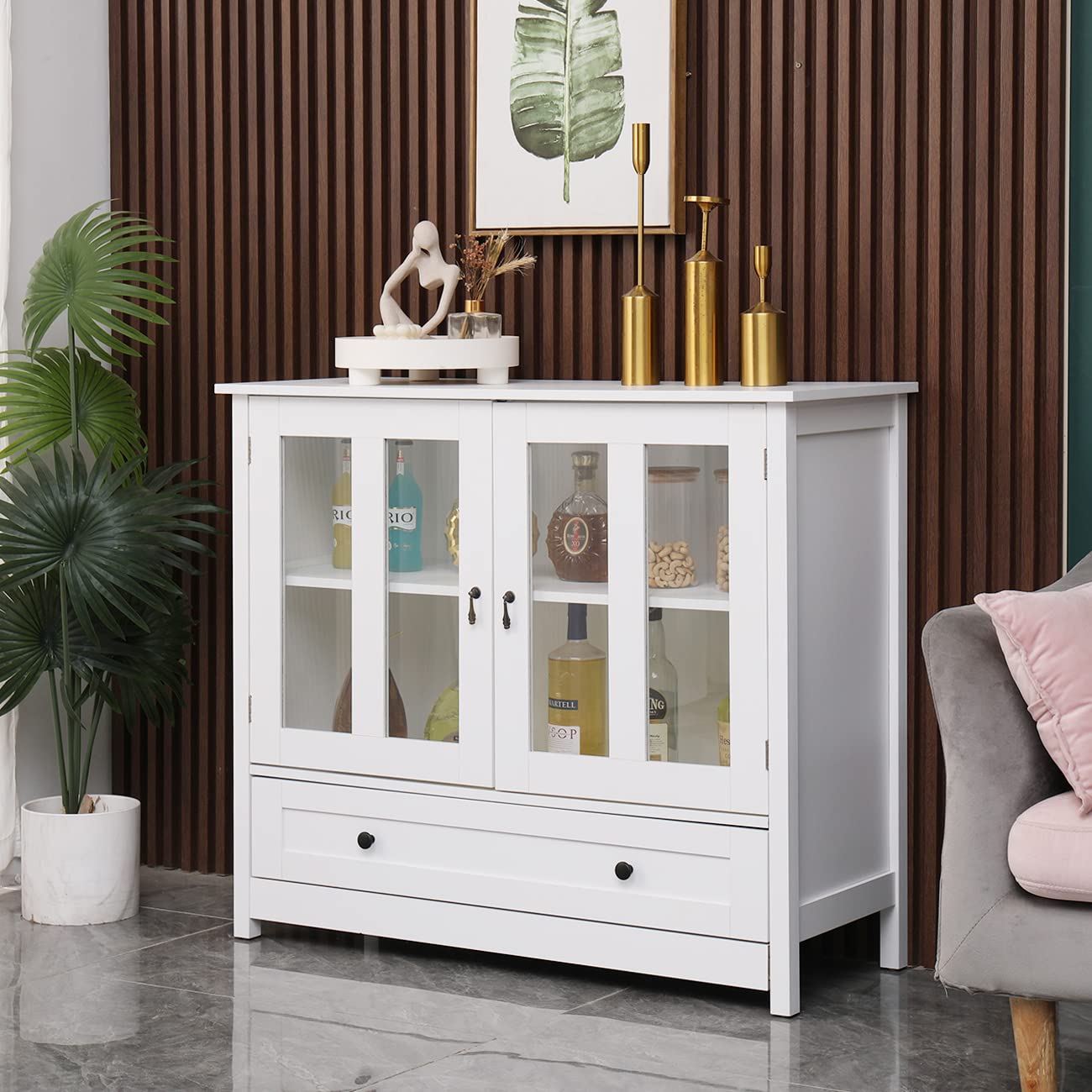 White Buffet Cabinet with Glass Doors & Drawers - Large Storage Sideboard for Dining Room, Living Room & Entryway - Wooden Credenza Console Table with Shelves - Perfect for Kitchen Storage, Pantry Organization & Home Decor Display