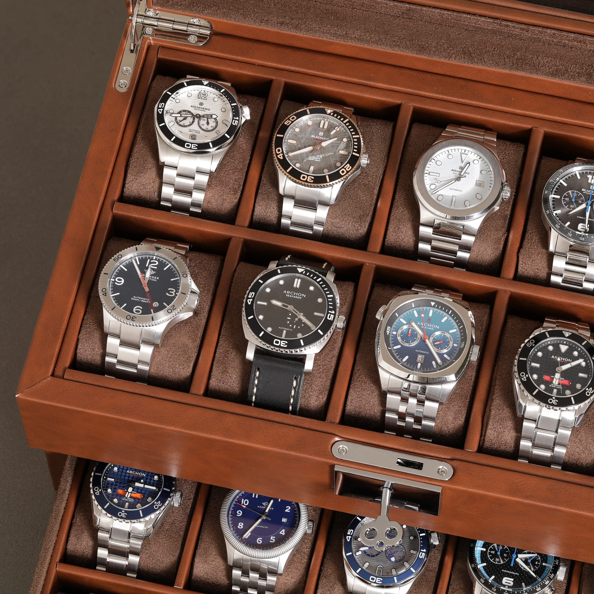 Premium ROTHWELL 20-Slot Leather Watch Box - Luxury Jewelry Organizer with Locking Glass Top Display Case - Watch Storage for Men & Women (Tan/Brown) - Perfect for Home, Office & Travel Watch Collection Display