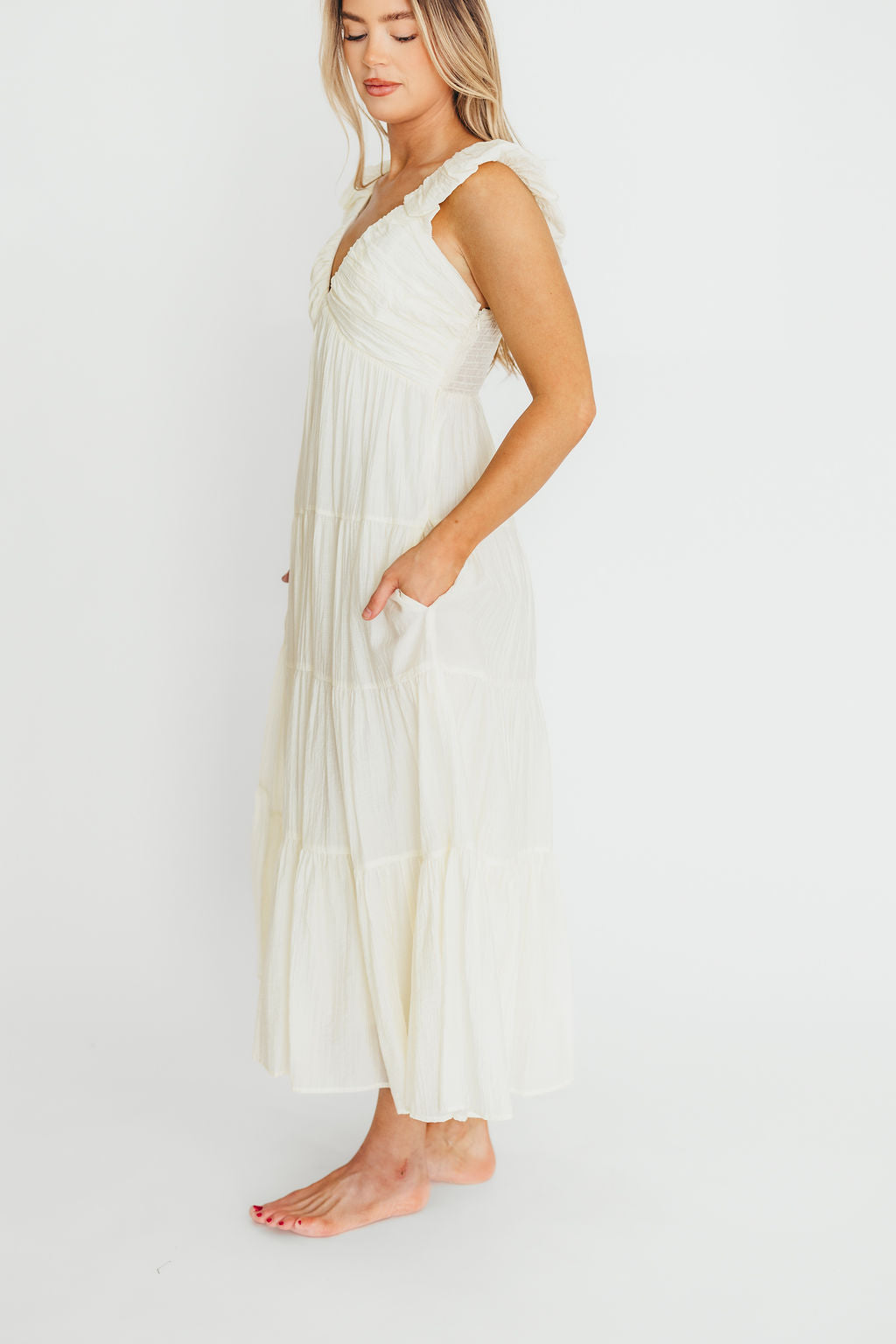 Katy Pleated Bodice Midi Dress in Cream - Bump Friendly Maternity Dress for Wedding, Baby Shower & Special Occasions