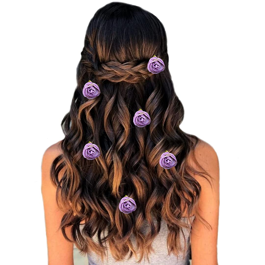 Artificial Rose Flower Hair Pins - Purple Juda Pin Hair Clips for Women, Bridal Hair Accessories, Wedding, Prom, Party, and Everyday Wear