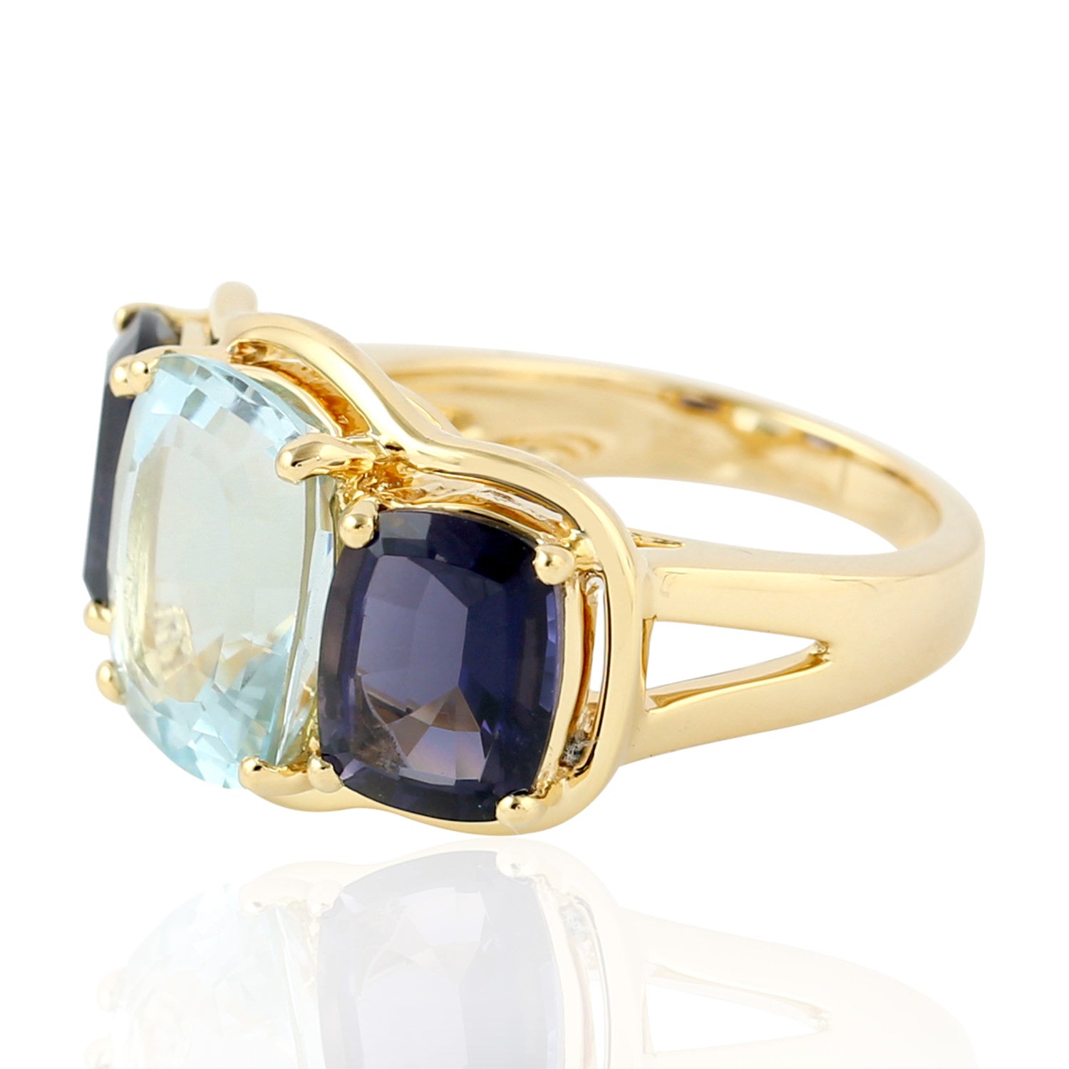 Exquisite Cushion Cut Aquamarine & Iolite Three-Stone Yellow Gold Ring for Engagement, Anniversary & Special Occasions